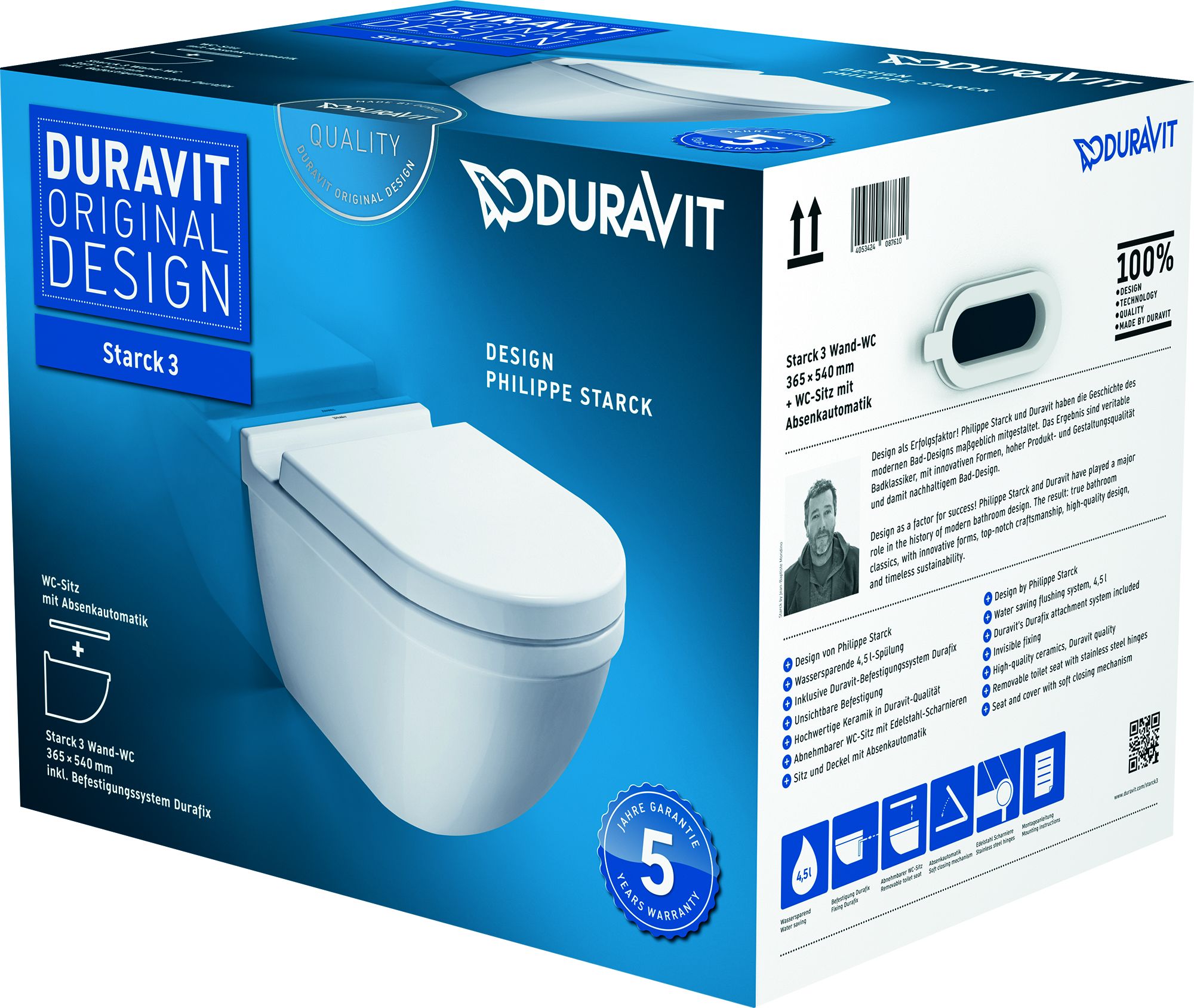 Duravit Starck 3 vaso wc con copriwater a discesa lenta sospeso bianco 42250900A1