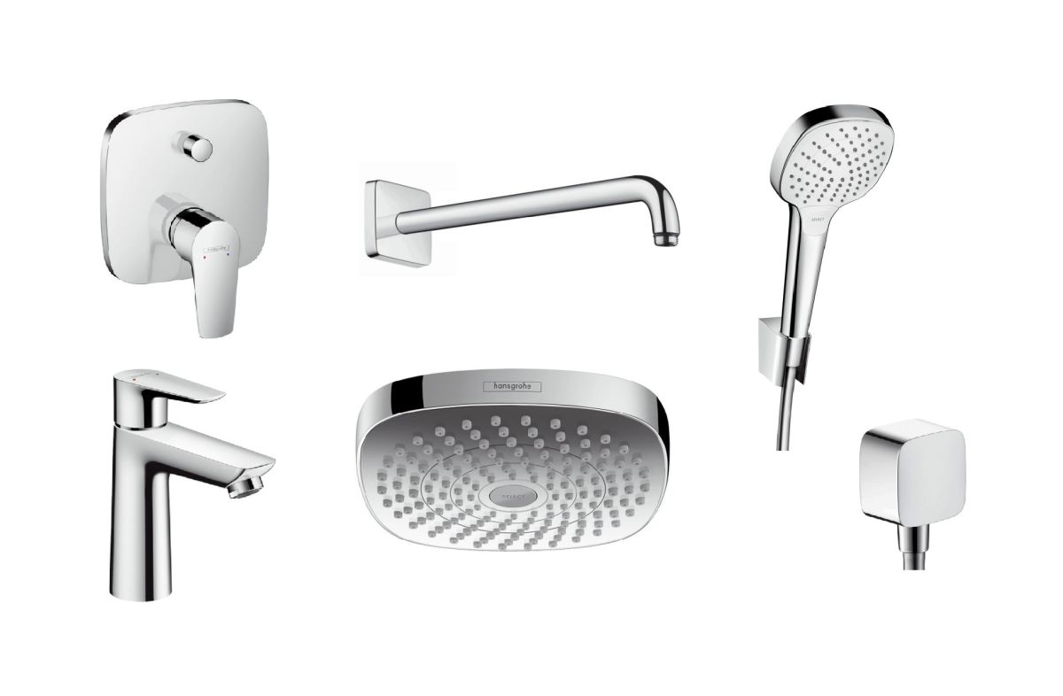 Set soffione doccia Hansgrohe Select 26524400, rubinetto per vasca e doccia Hansgrohe Talis E 71745000, 71710000, 27446000, 26425400, 26457000