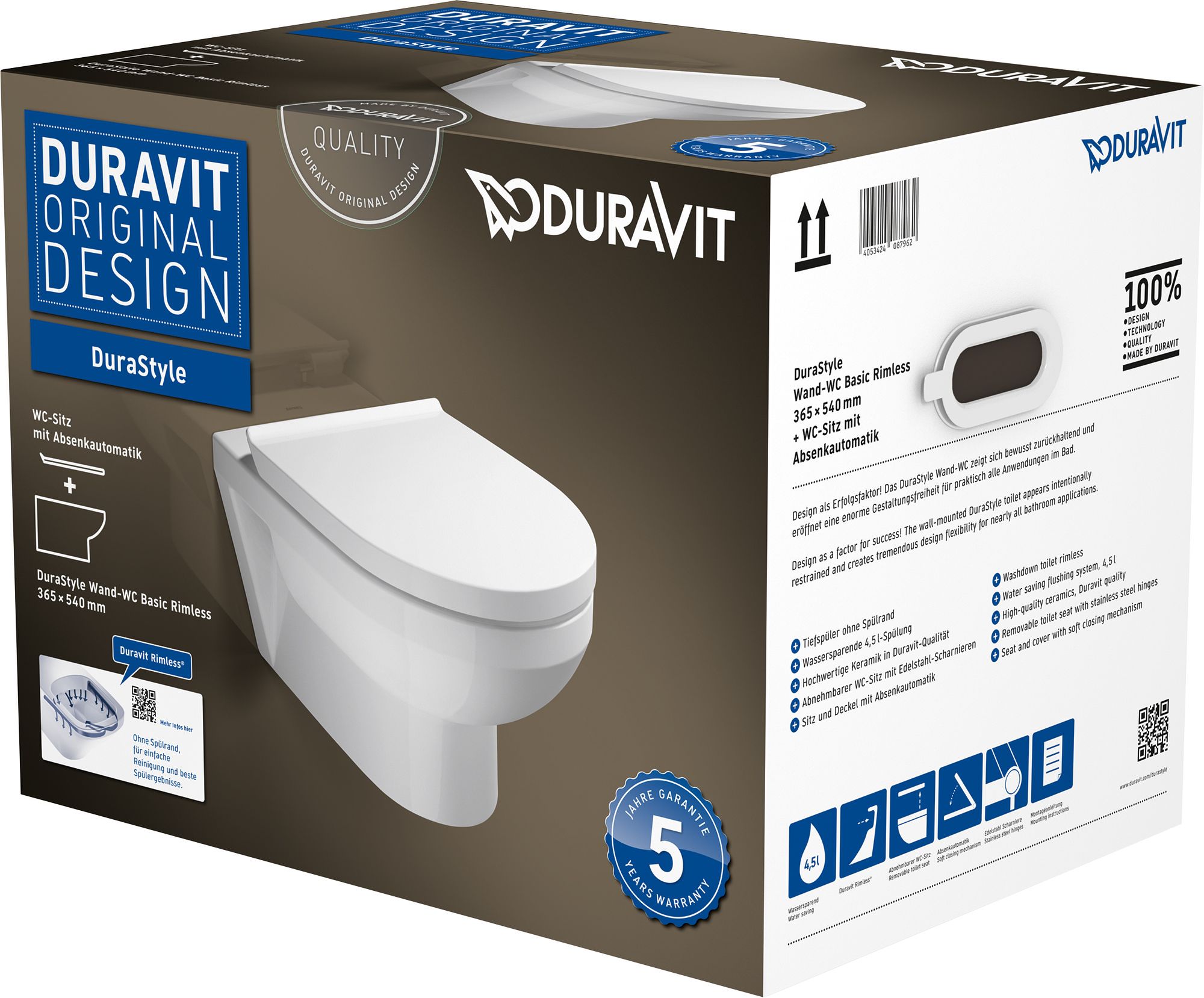 Duravit DuraStyle vaso wc con copriwater a discesa lenta sospeso senza brida bianco 45620900A1