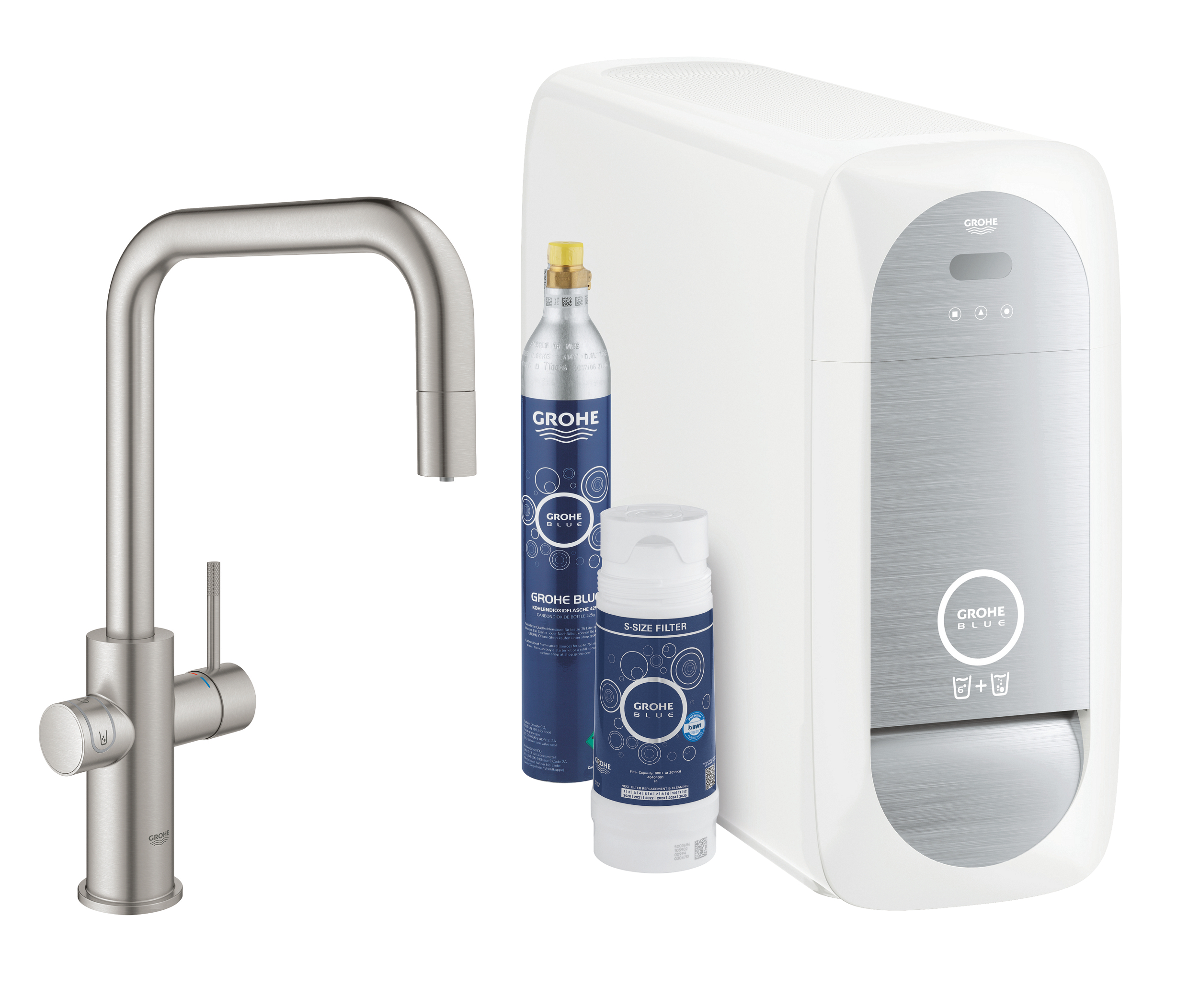 Grohe Blue starter kit con rubinetto da cucina verticale SuperSteel 31543DC0