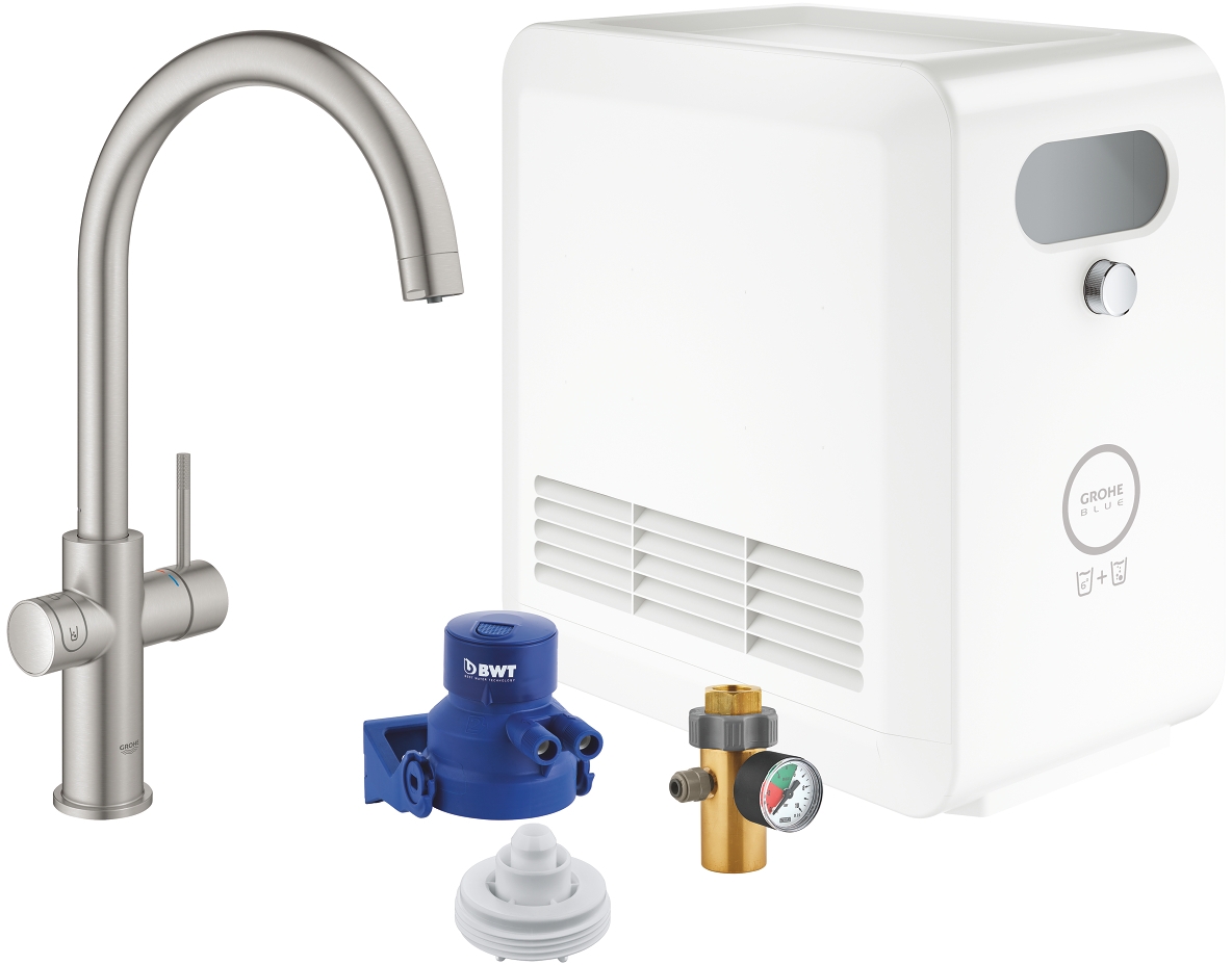 Grohe Blue starter kit con rubinetto da cucina verticale SuperSteel 31323DC2