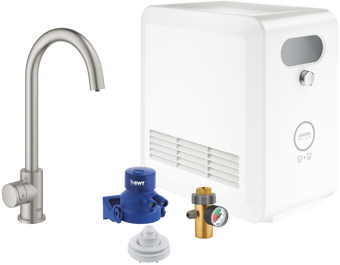 Grohe Blue starter kit con rubinetto da cucina verticale SuperSteel 31302DC2