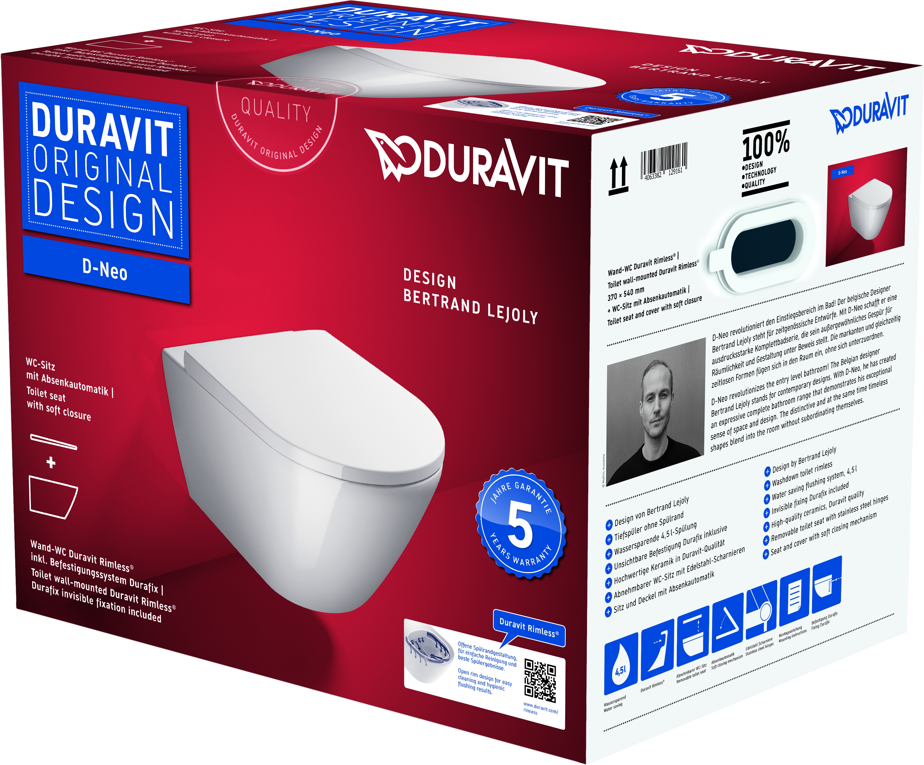 Duravit D-Neo vaso wc con copriwater a discesa lenta sospeso senza brida bianco 45770900A1