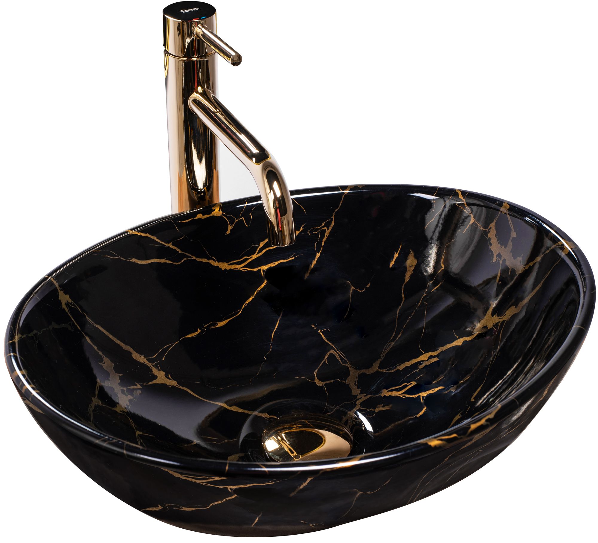 Rea Sofia Marble lavabo 41x34.5 cm ovale da appoggio nero-oro REA-U5611