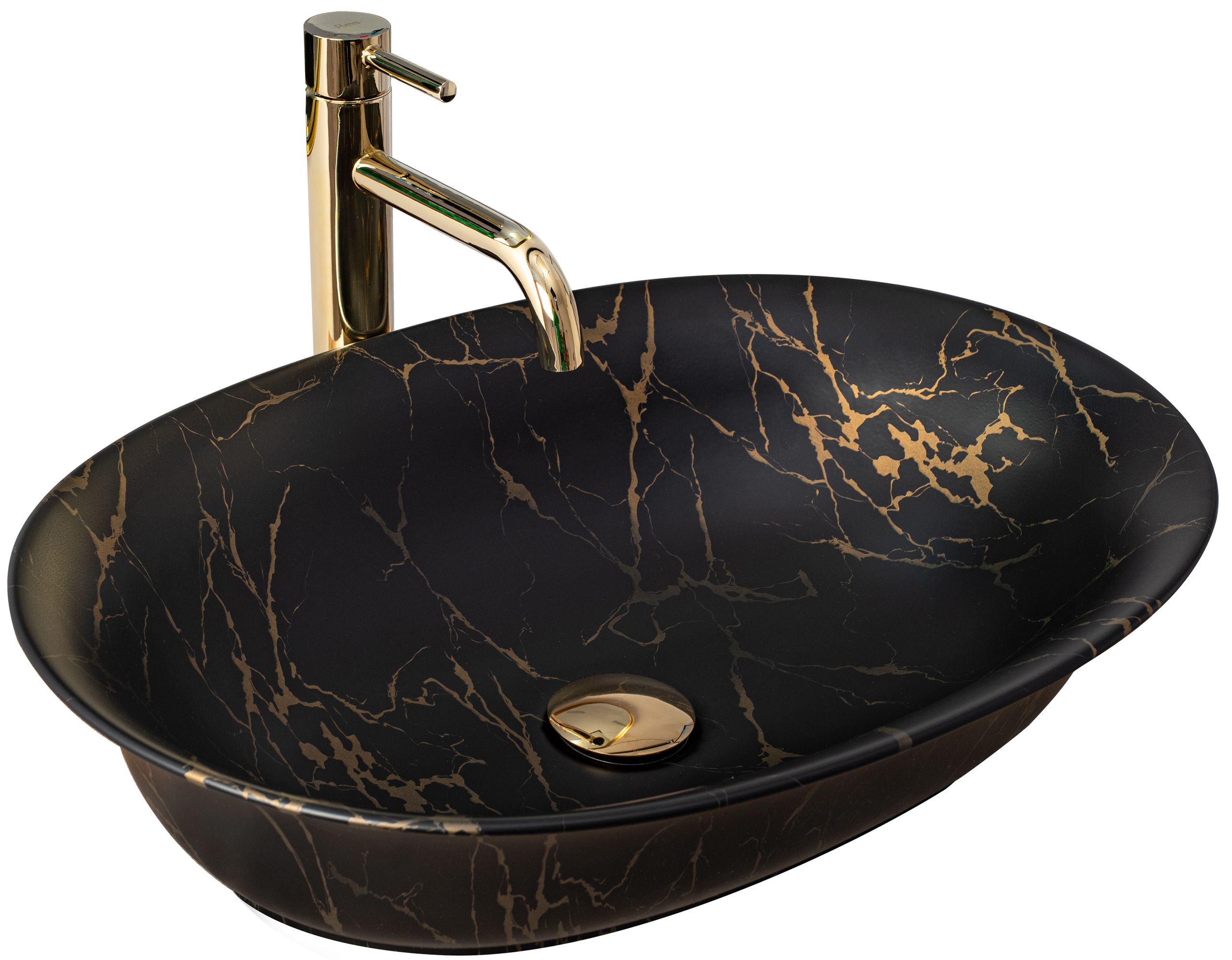 Rea Roma Marble lavabo 56x40 cm ovale da appoggio nero-oro REA-U5609