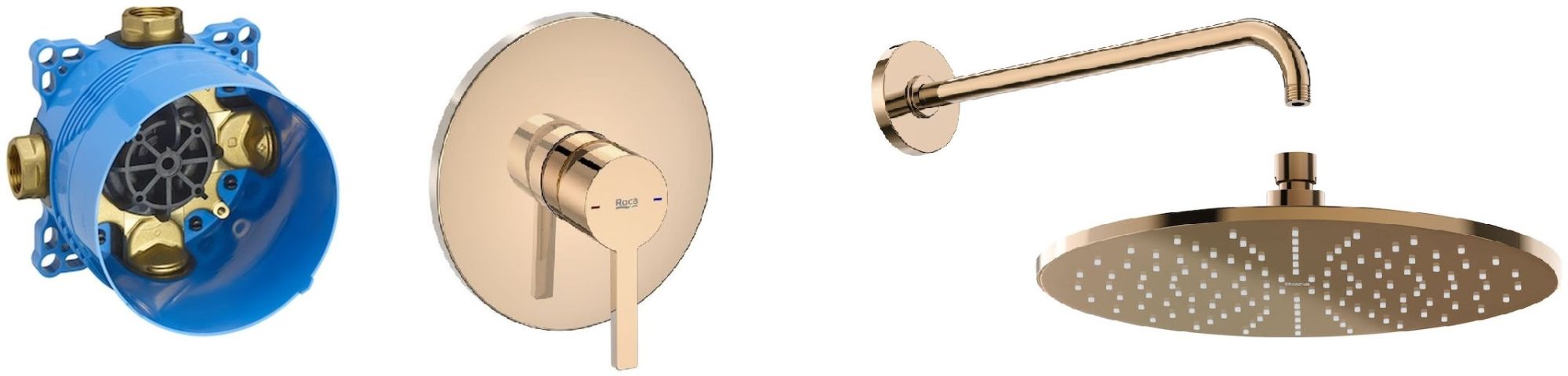 Set soffione doccia Roca Rainsense A5B3950RG0, rubinetto per doccia Roca Naia Rose Gold A5A2B96RG0, A525869403, A5B0250RG0