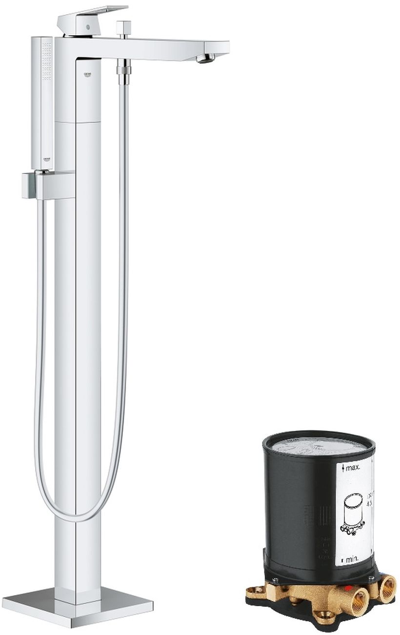 Set rubinetto per vasca e doccia Grohe Eurocube 23672001, elemento di montaggio a pavimento Grohe 45984001