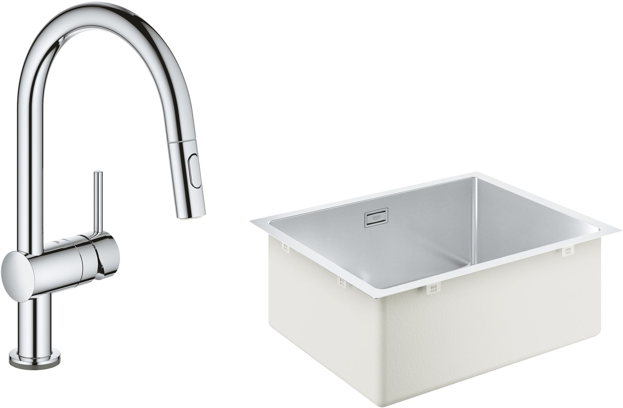 Set rubinetto da cucina Grohe Minta 31358002, lavello in acciaio Grohe K700 31574SD1