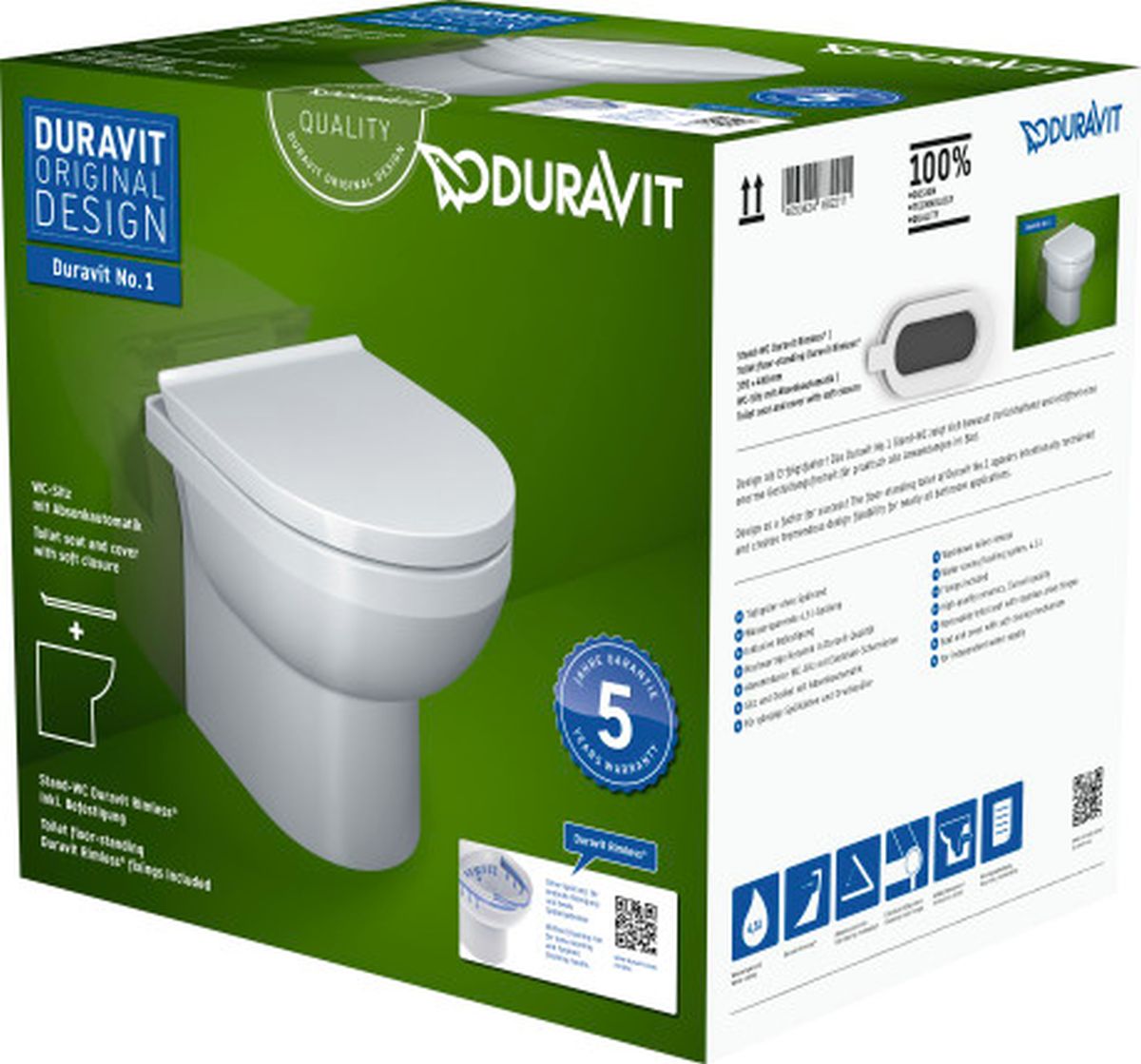 Duravit No. 1 vaso wc con copriwater a discesa lenta a terra senza brida bianco 41840900A1