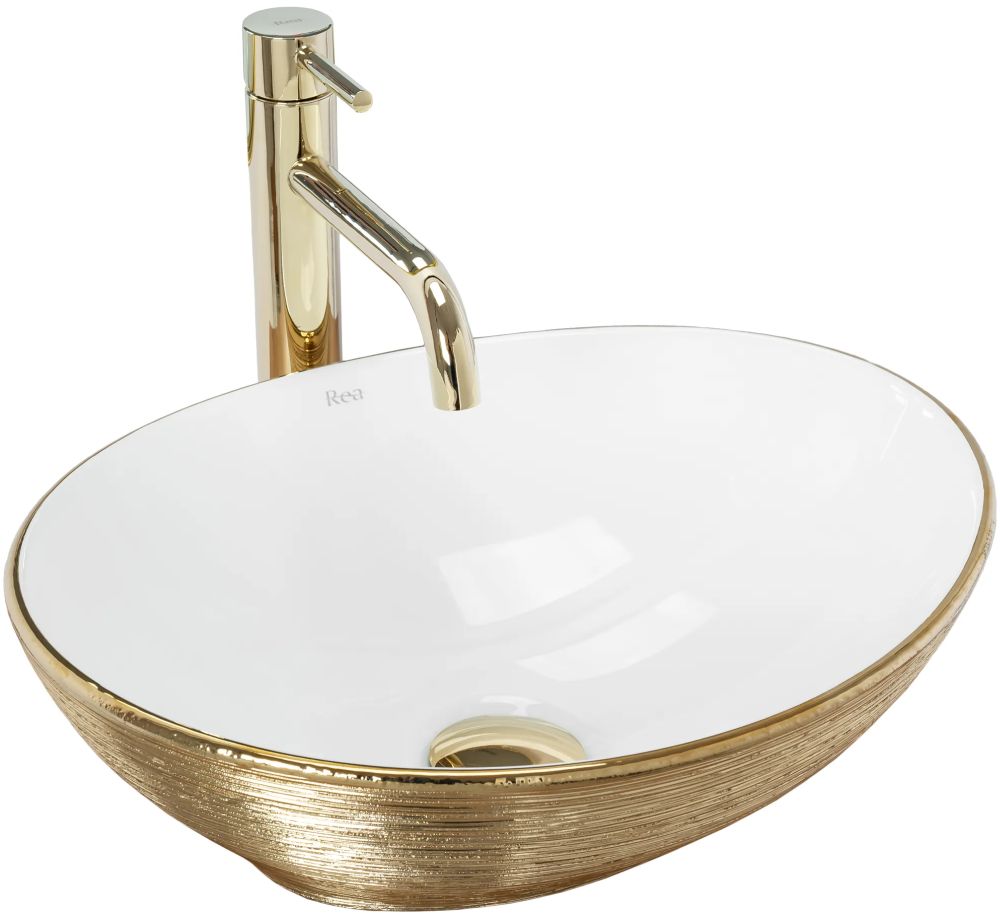 Rea Sofia lavabo 41x34.5 cm ovale da appoggio bianco-oro REA-U3697