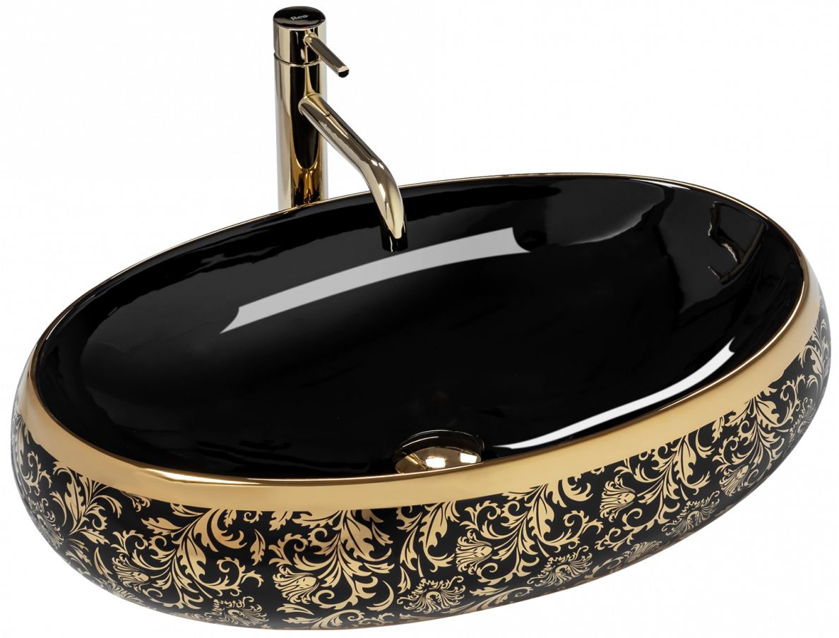 Rea Meryl lavabo 60x40.5 cm ovale da appoggio nero-oro REA-U8811