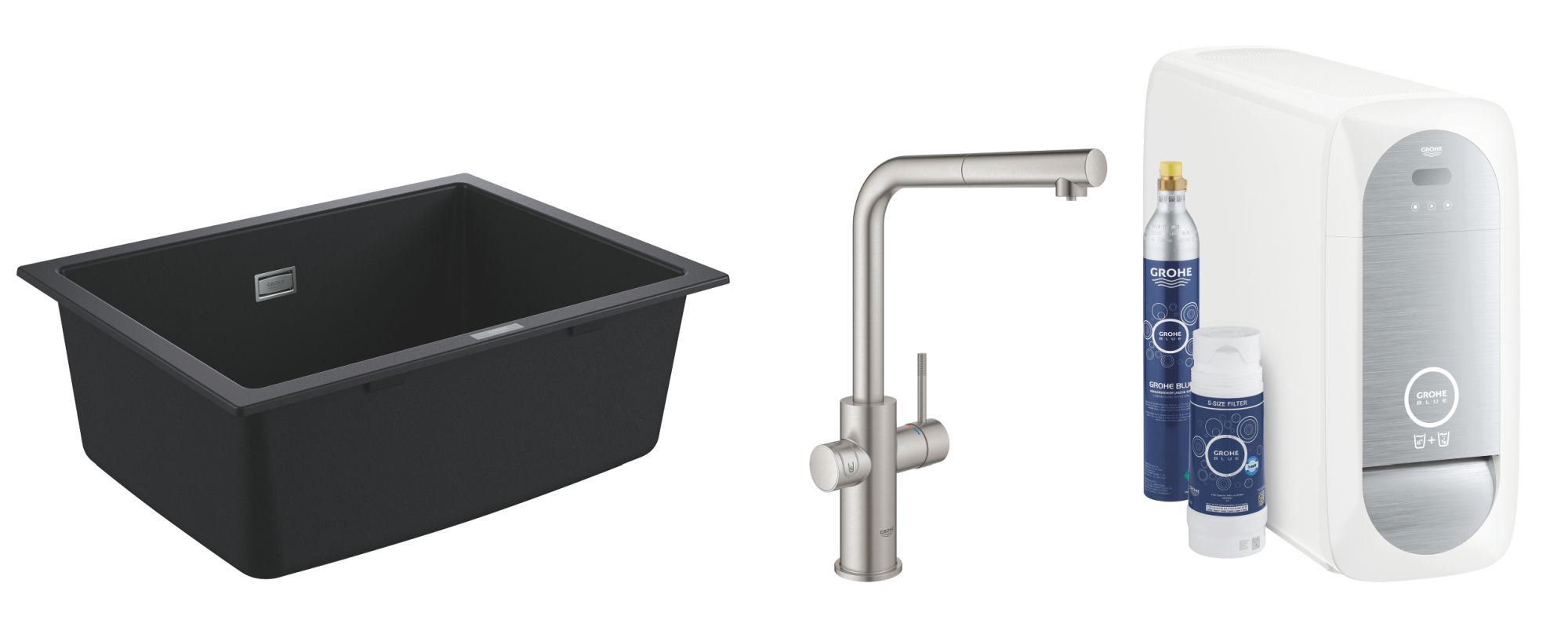 Set rubinetto da cucina con filtro Grohe Blue 31539DC0, lavello in granito Grohe K700 31655AP0
