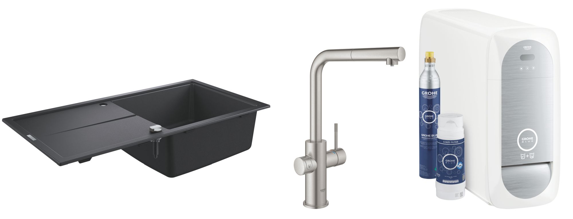Set rubinetto da cucina con filtro Grohe Blue 31539DC0, lavello in granito Grohe K400 31641AP0