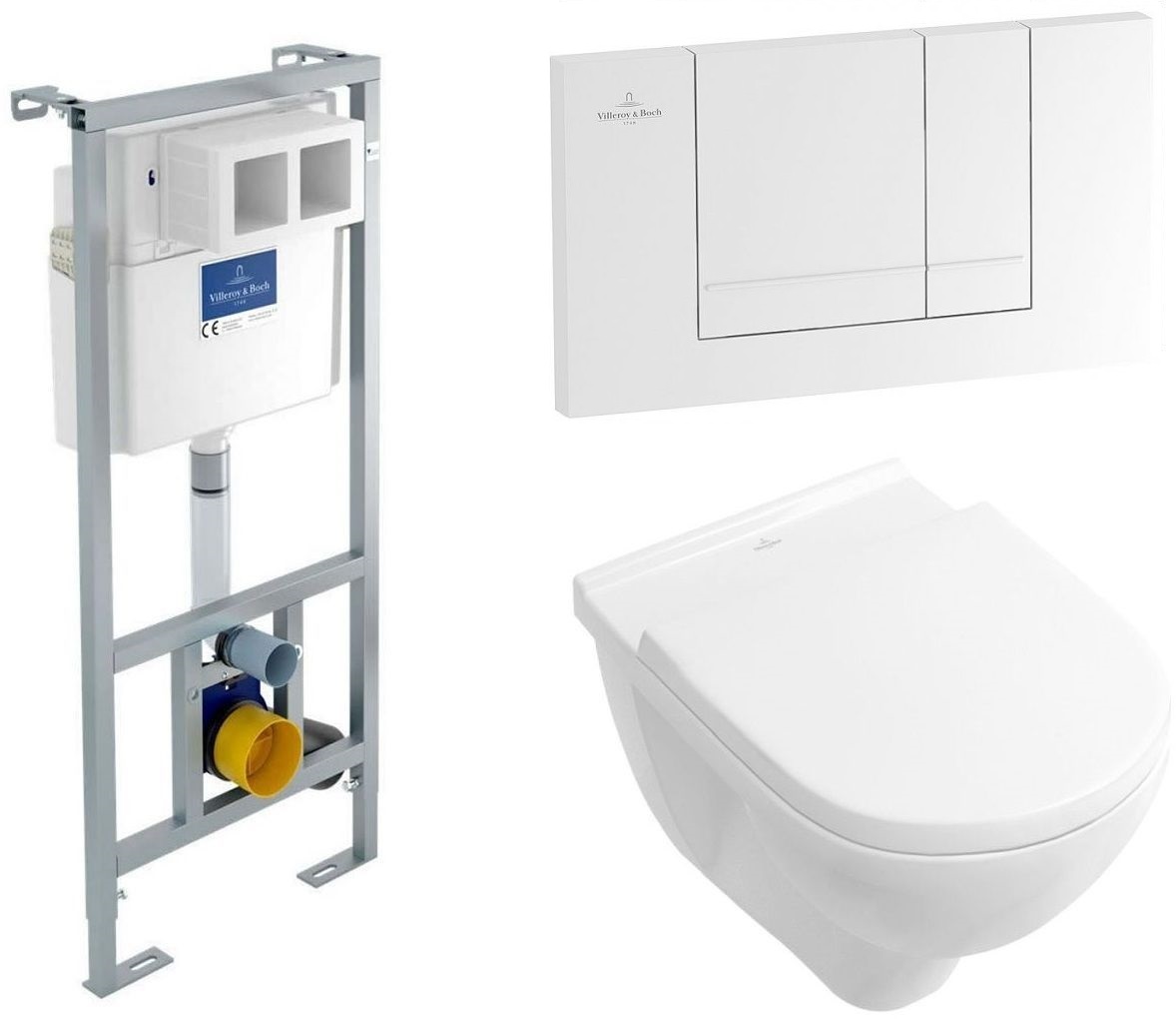 Zestaw Villeroy & Boch O.Novo combi-Pack miska WC bezkołnierzowa wisząca z deską wolnoopadającą Weiss Alpin i stelaż podtynkowy ViConnect przyciskiem spłukującym białym (5660HR01, 92214200, 92214368)