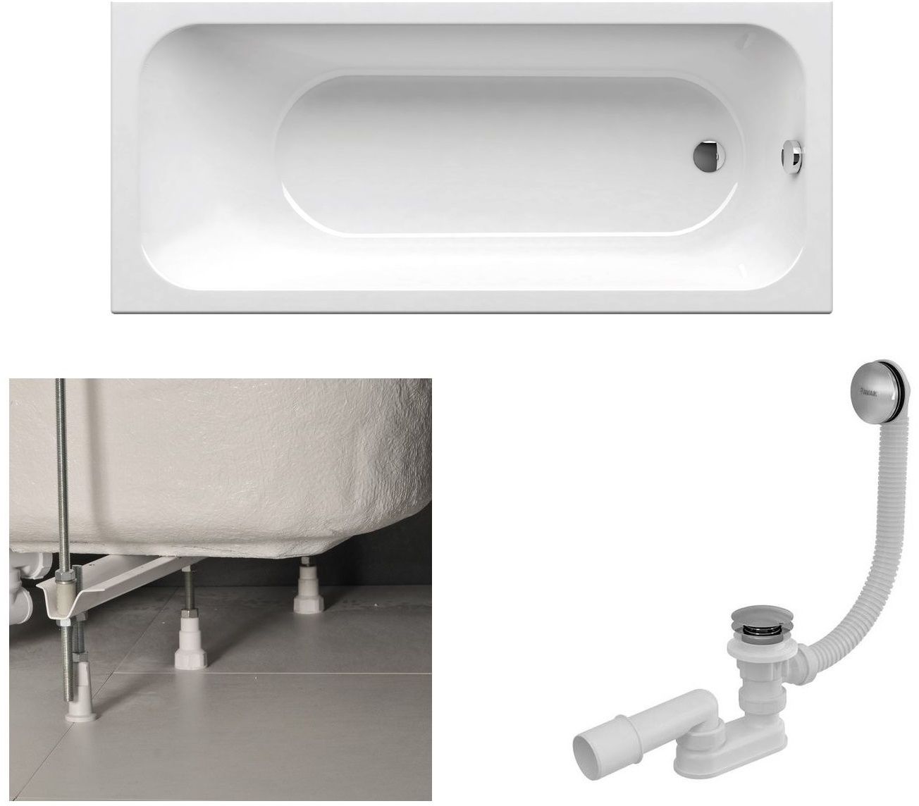 Set vasca da bagno rettangolare Slim Ravak Chrome Slim C721300000, sifone per vasca da bagno Ravak X01377, GPX2240015