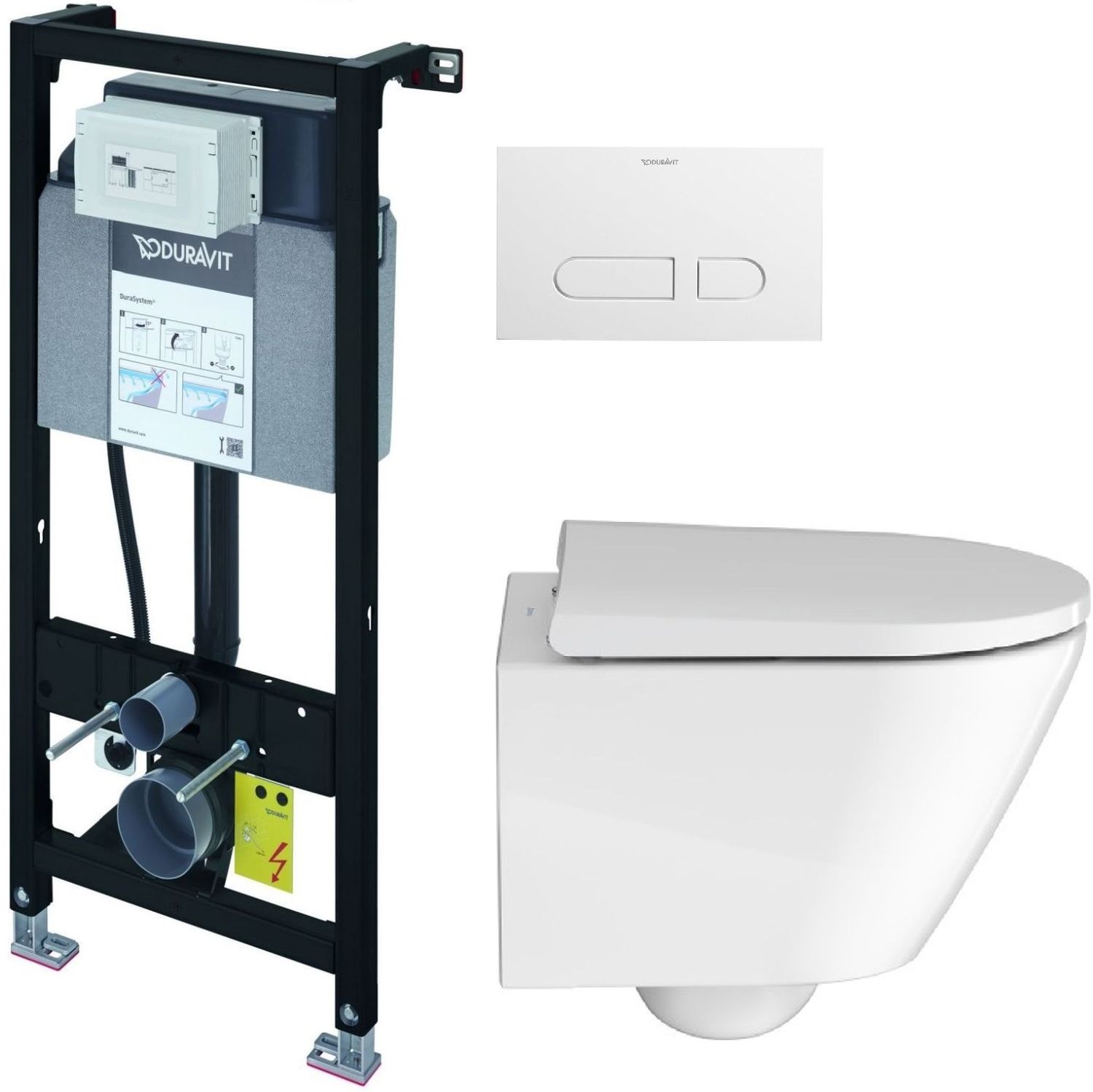 Set modulo di installazione Duravit DuraSystem WD1011000000, vaso WC con copriwater a discesa lenta Duravit D-Neo 45880900A1, WD5001011000