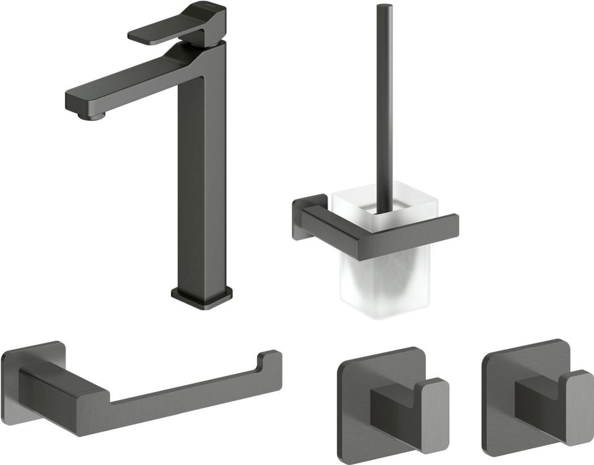 Set rubinetto per lavabo Omnires Slide SL7712GR, scopino WC Omnires Nelson NL80620GR, NL80510GR, NL80115GR