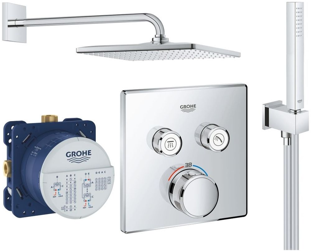 Set rubinetto per vasca e doccia Grohe Grohtherm SmartControl 29124000, soffione doccia con braccio Grohe Rainshower 26564000, 26405000, 35600000