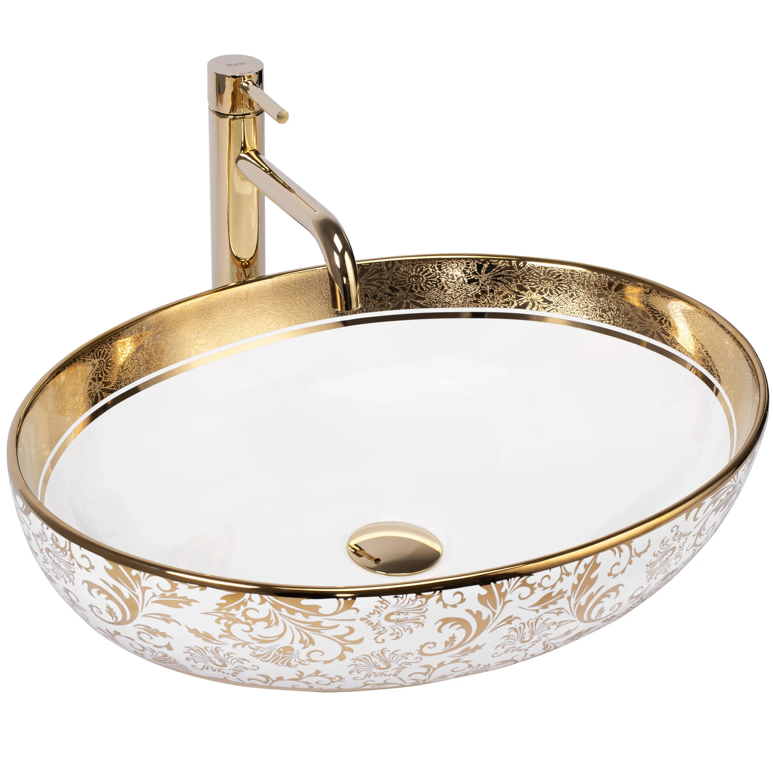 Rea Margot lavabo 52x40 cm ovale da appoggio bianco-oro REA-U9650