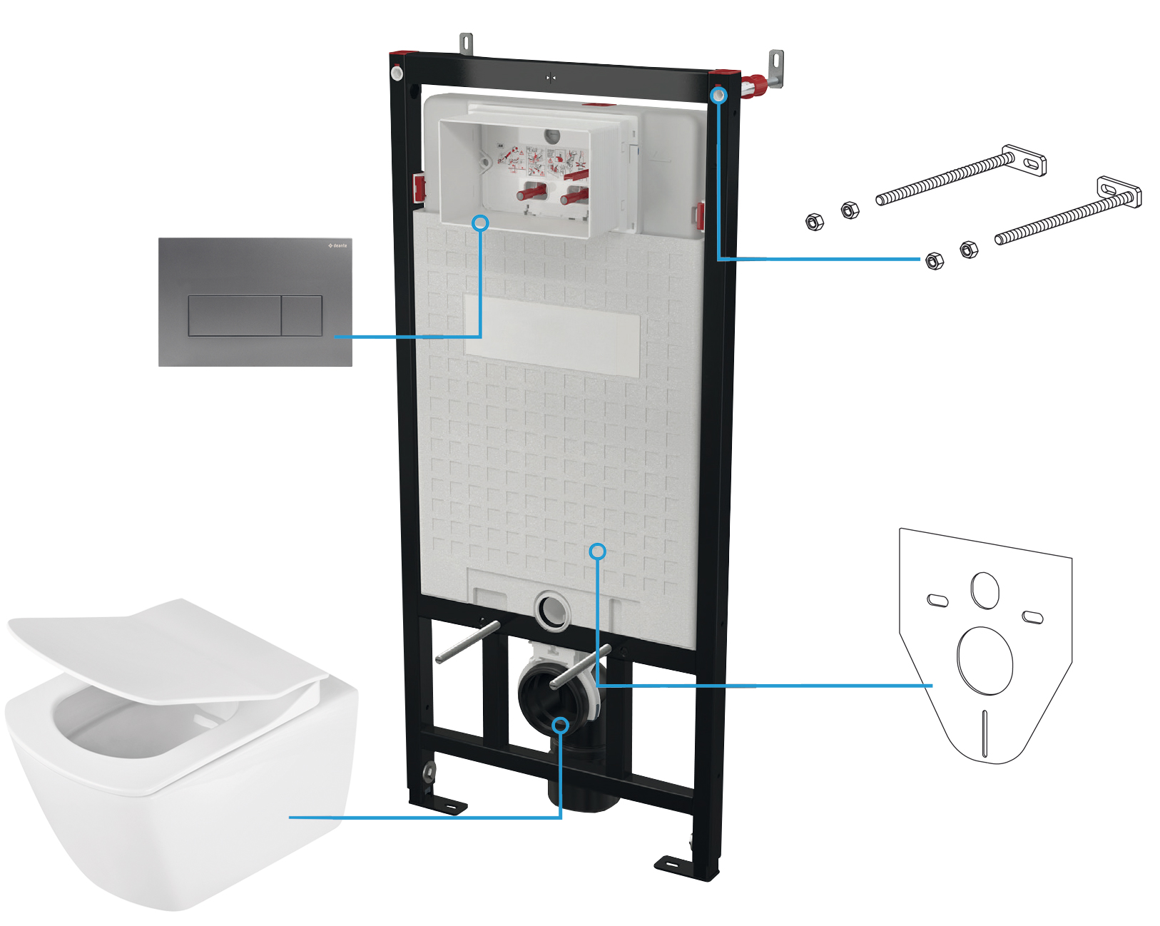 Deante Anemon set vaso wc con copriwater e modulo di installazione con placca di comando CDZT6ZPW
