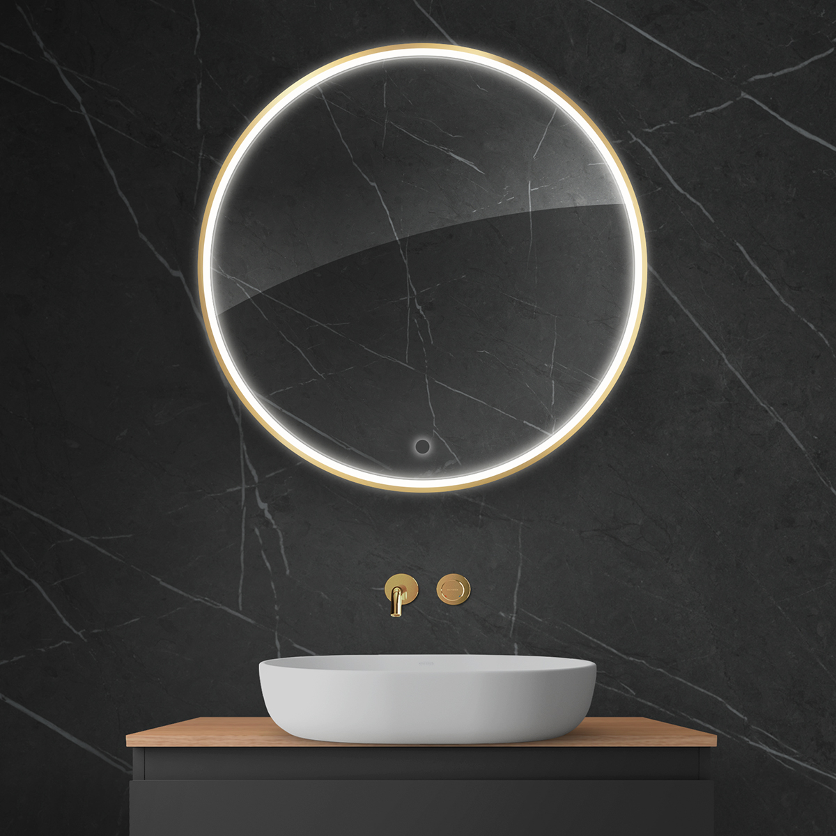 Oltens Nordlis specchio 80x80 cm rotonda con illuminazione con tappetino riscaldante oro 64101800