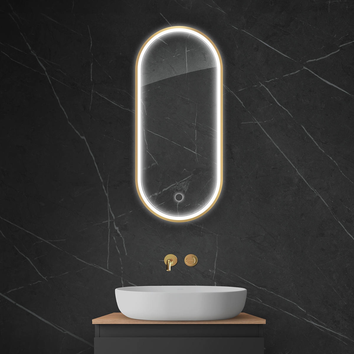 Oltens Nordlis specchio 40x90 cm ovale con illuminazione con tappetino riscaldante oro 64103800