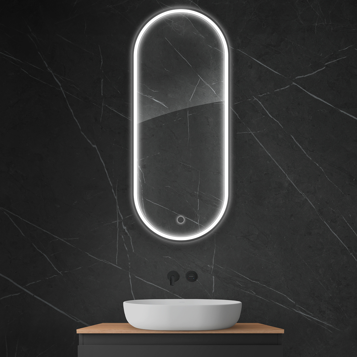 Oltens Nordlis specchio 50x120 cm ovale con illuminazione con tappetino riscaldante nero 64104300