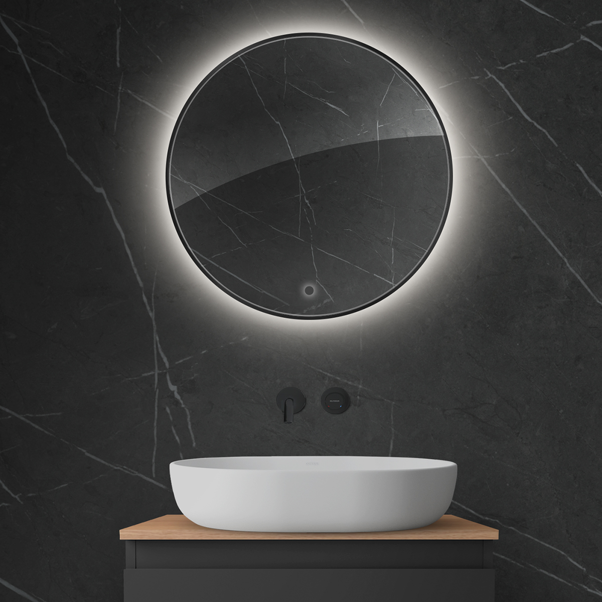 Oltens Nordlis specchio 60x60 cm rotonda con illuminazione con tappetino riscaldante nero 64108300