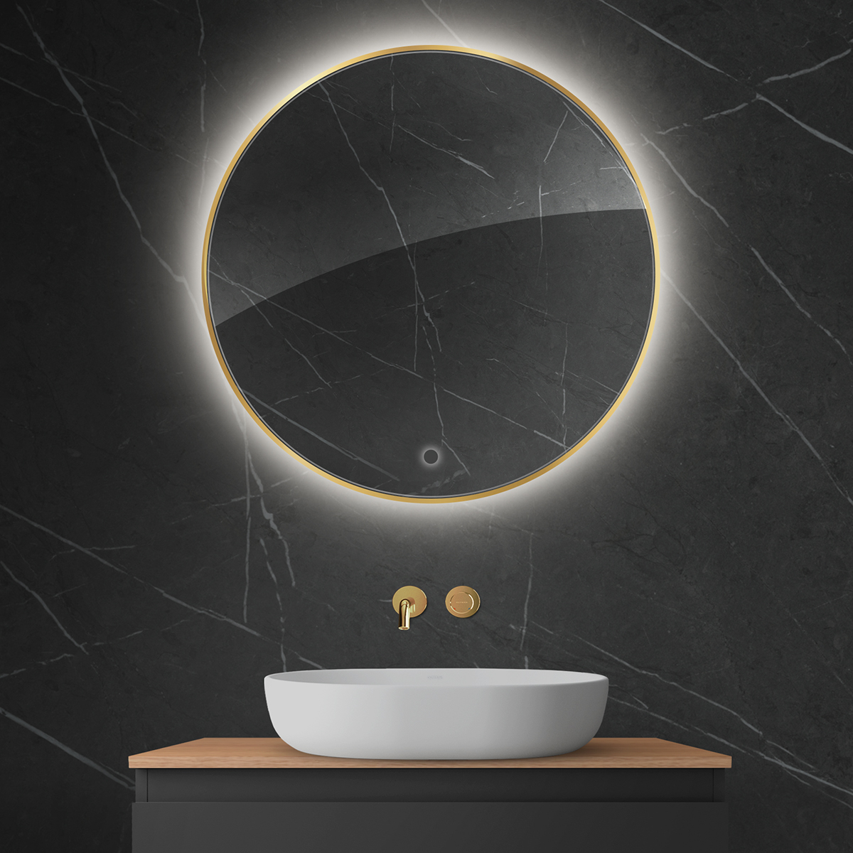 Oltens Nordlis specchio 80x80 cm rotonda con illuminazione con tappetino riscaldante oro 64109800