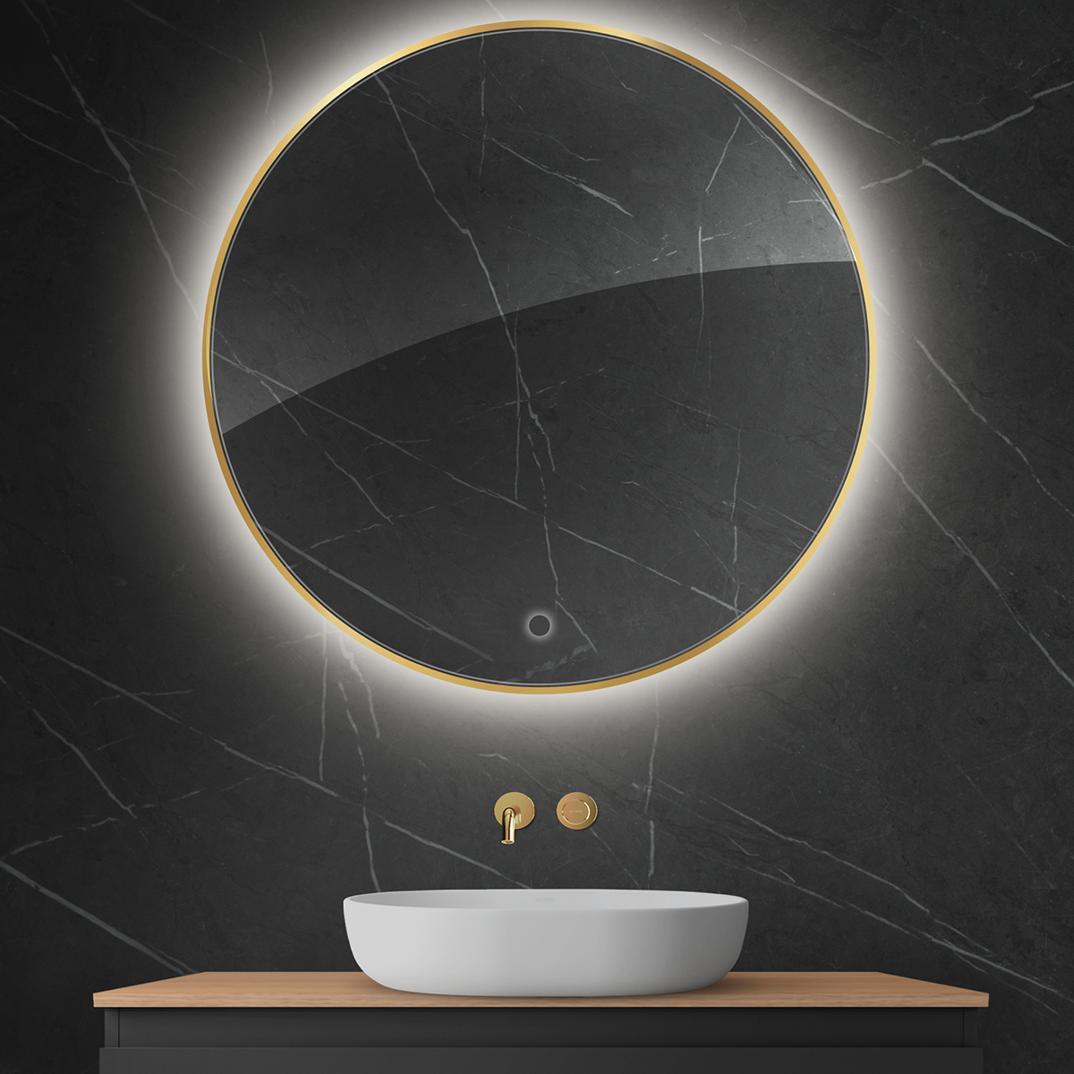Oltens Nordlis specchio 100x100 cm rotonda con illuminazione con tappetino riscaldante oro 64110800