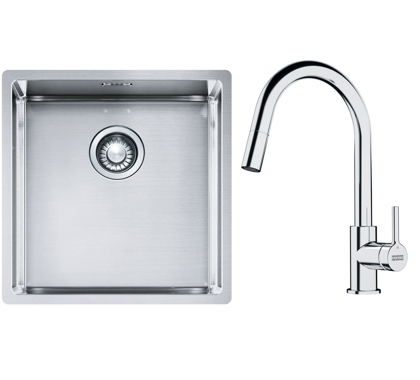 Set lavello in acciaio Franke Box 127.0453.654, rubinetto da cucina Franke Lina 115.0693.229