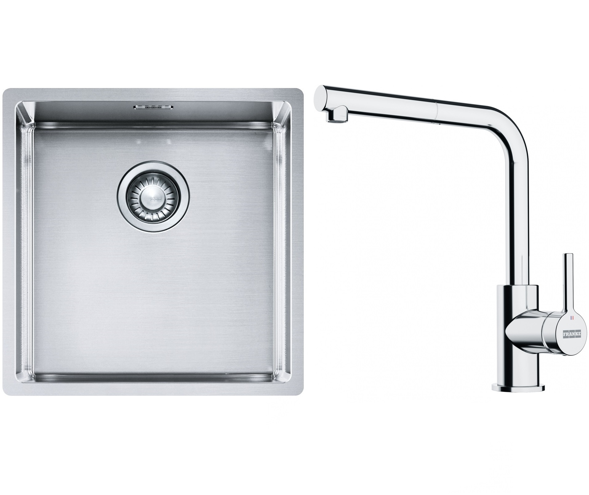 Set lavello in acciaio Franke Box 127.0453.654, rubinetto da cucina Franke Lina 115.0712.420