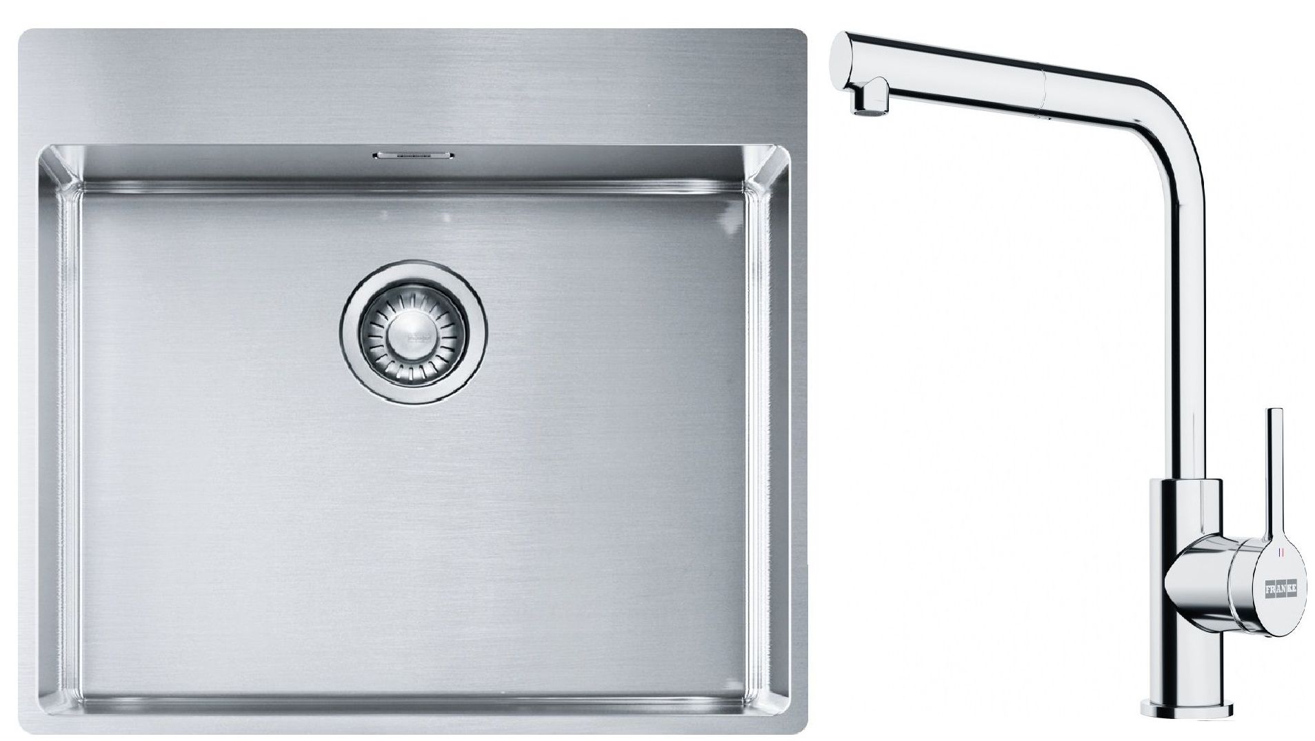 Set lavello in acciaio Franke Box 127.0369.295, rubinetto da cucina Franke Lina 115.0712.420