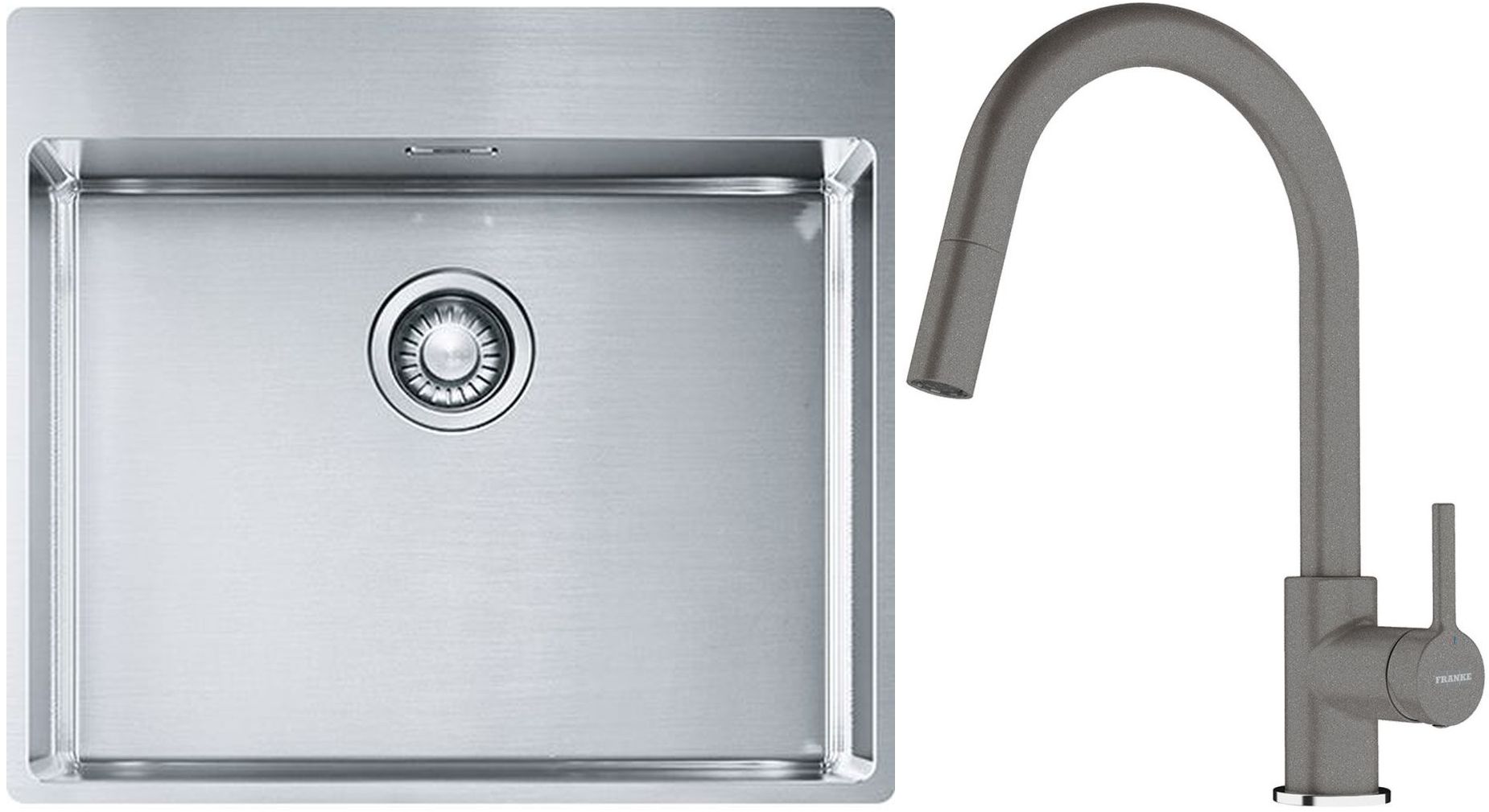 Set lavello in acciaio Franke Box 127.0369.295, rubinetto da cucina Franke Lina 115.0626.057
