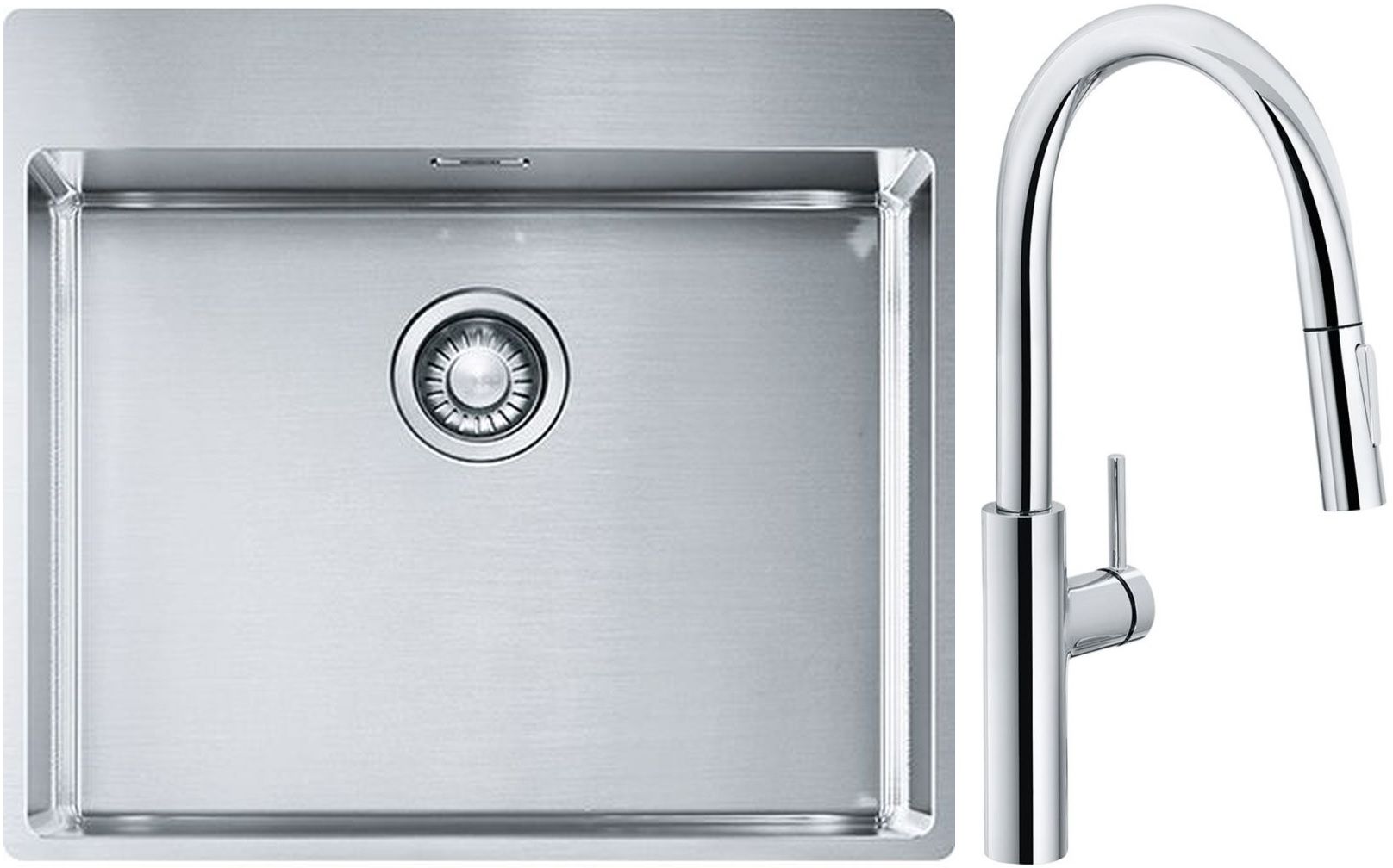Set lavello in acciaio Franke Box 127.0369.295, rubinetto da cucina Franke Pescara L Slide-In 115.0538.940