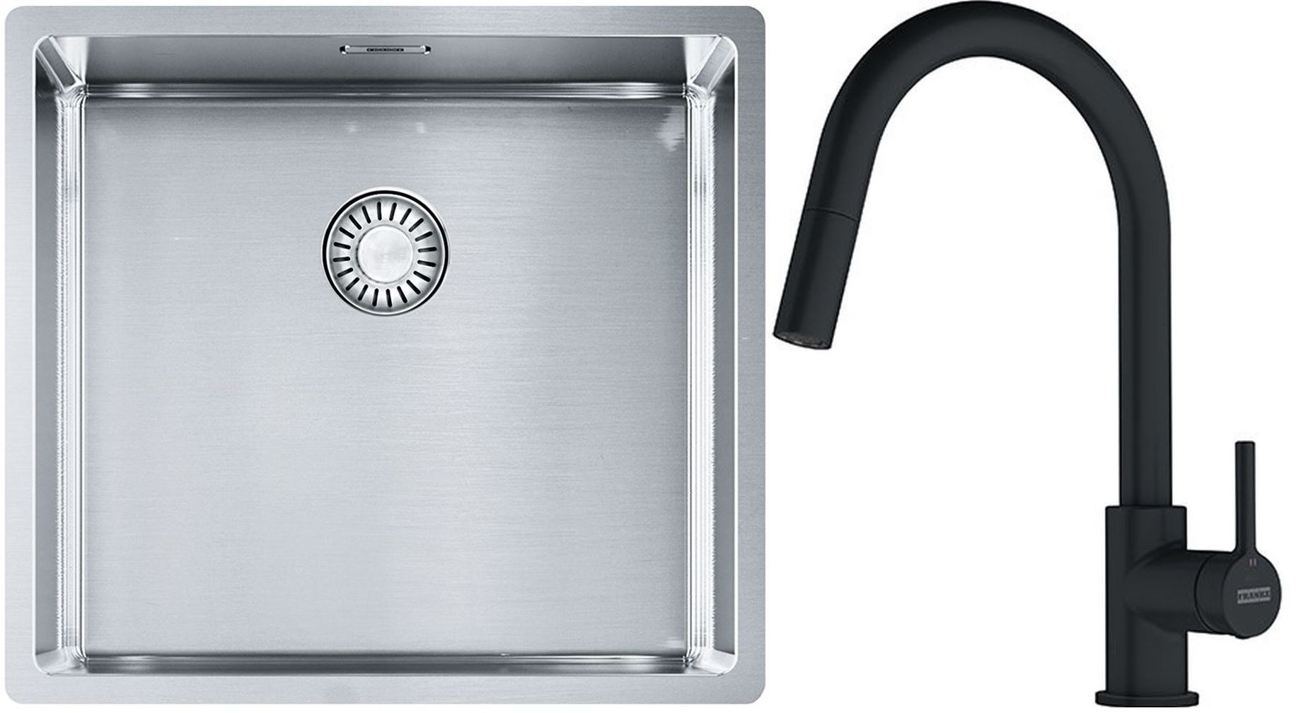 Set lavello in acciaio Franke Box 127.0453.655, rubinetto da cucina Franke Lina 115.0626.053