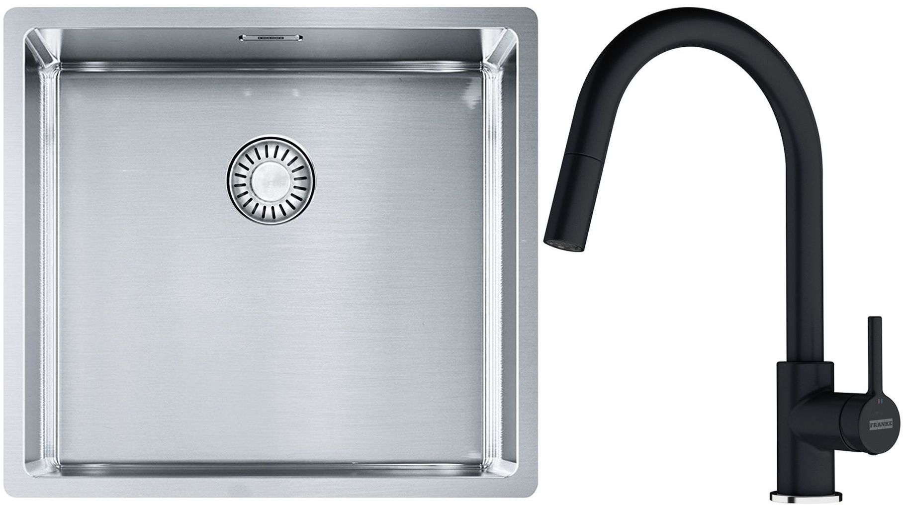 Set lavello in acciaio Franke Box 127.0453.655, rubinetto da cucina Franke Lina 115.0626.055