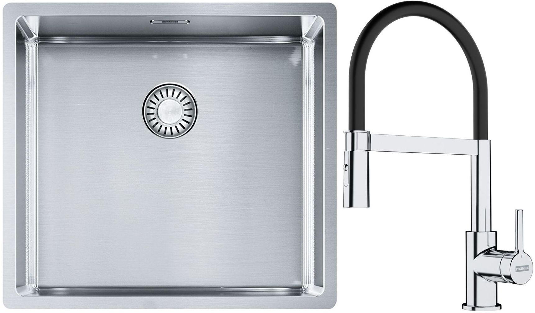 Set lavello in acciaio Franke Box 127.0453.655, rubinetto da cucina Franke Lina 115.0626.085
