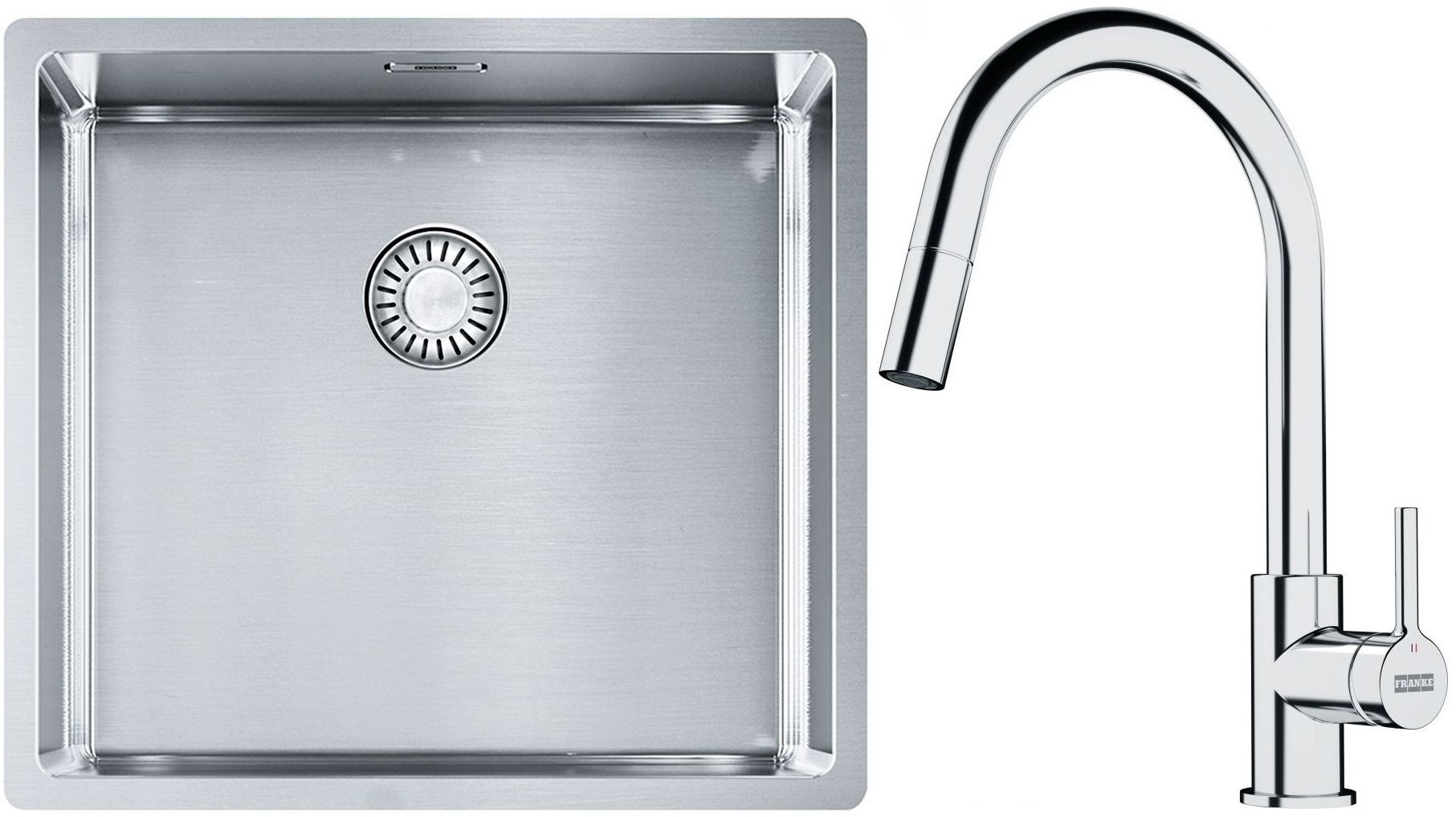 Set lavello in acciaio Franke Box 127.0453.655, rubinetto da cucina Franke Lina 115.0693.229