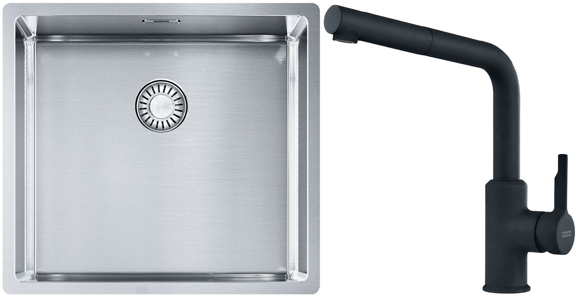 Set lavello in acciaio Franke Box 127.0453.655, rubinetto da cucina Franke Urban 115.0627.523