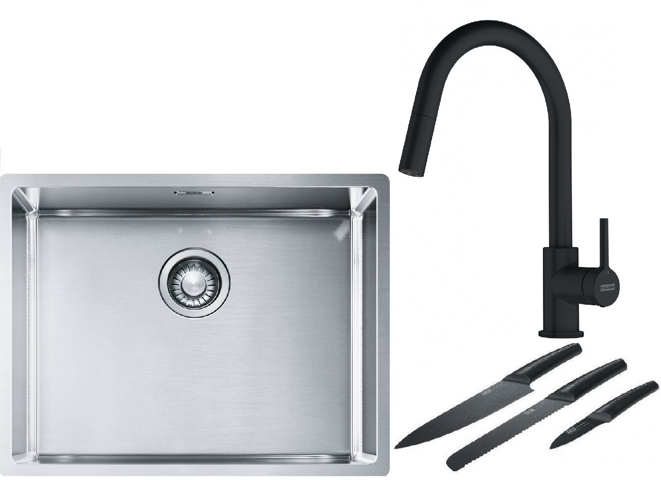 Set lavello in acciaio Franke Box 127.0453.660, rubinetto da cucina Franke Lina 115.0626.053
