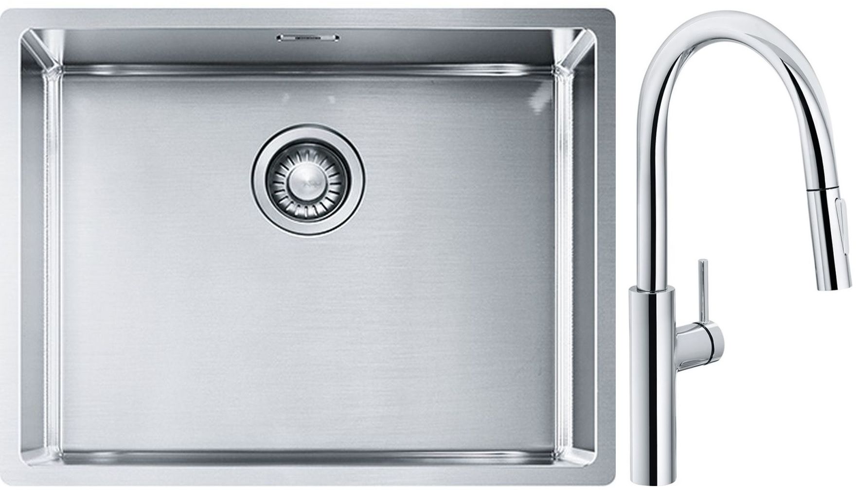 Set lavello in acciaio Franke Box 127.0453.660, rubinetto da cucina Franke Pescara L Slide-In 115.0538.940