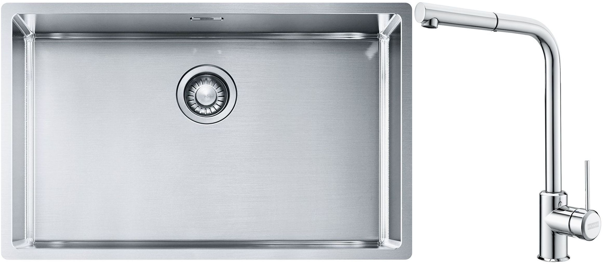 Set lavello in acciaio Franke Box 127.0453.658, rubinetto da cucina Franke Sirius Side 115.0668.280