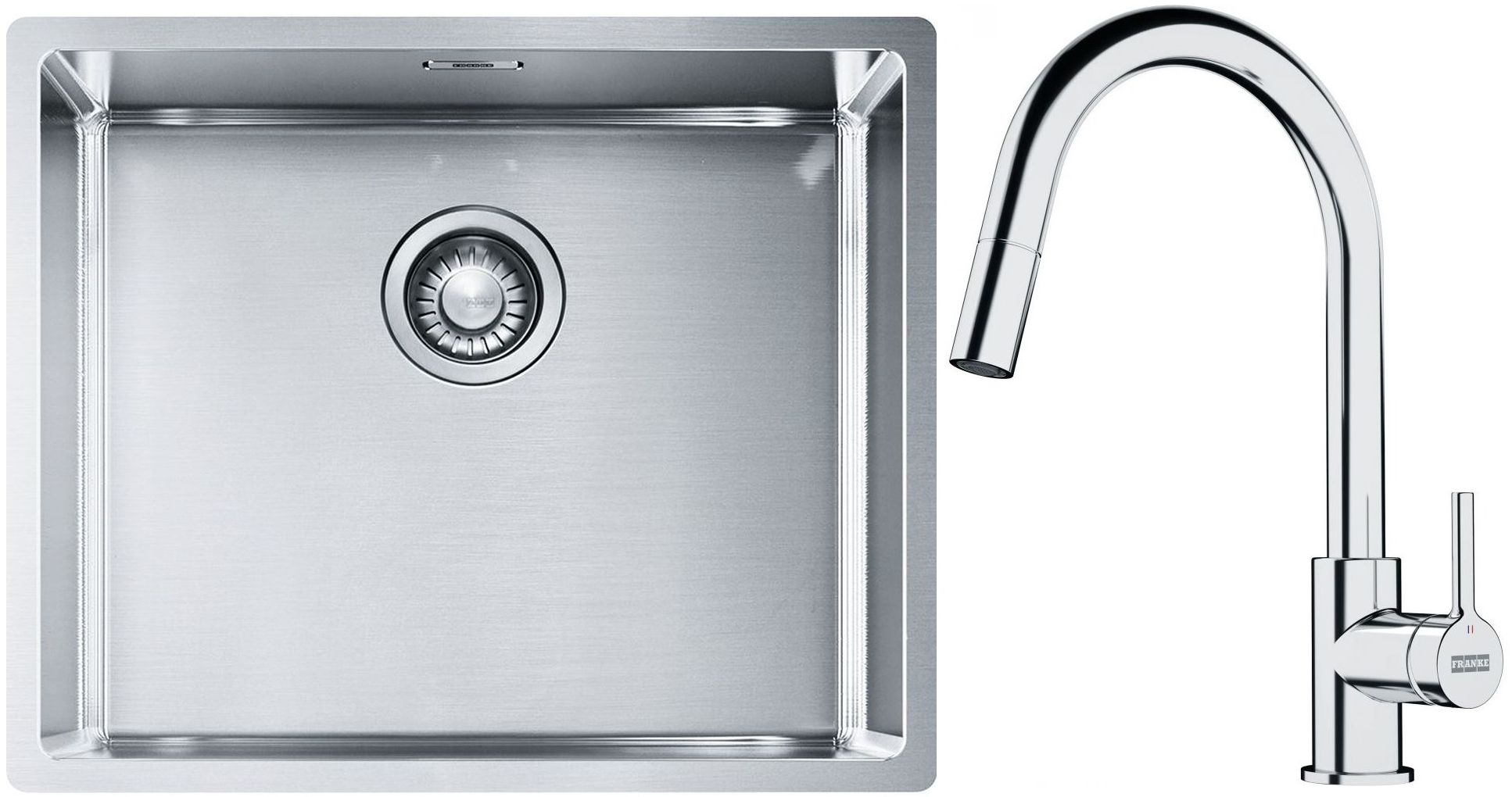 Set lavello in acciaio Franke Box 127.0453.656, rubinetto da cucina Franke Lina 115.0693.229