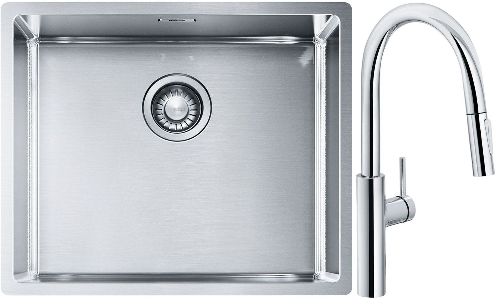 Set lavello in acciaio Franke Box 127.0453.656, rubinetto da cucina Franke Pescara L Slide-In 115.0538.940