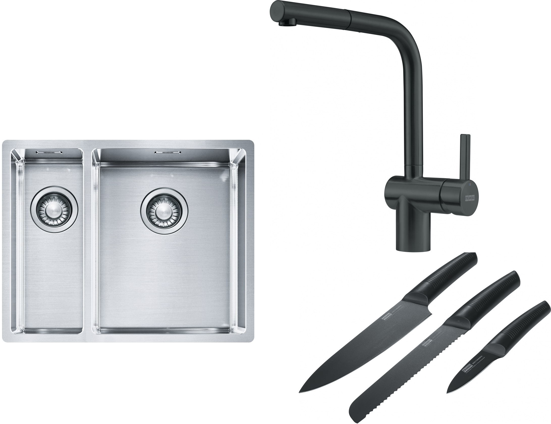 Set lavello in acciaio Franke Box 127.0369.916, rubinetto da cucina Franke Atlas 115.0550.427, 112.0545.792