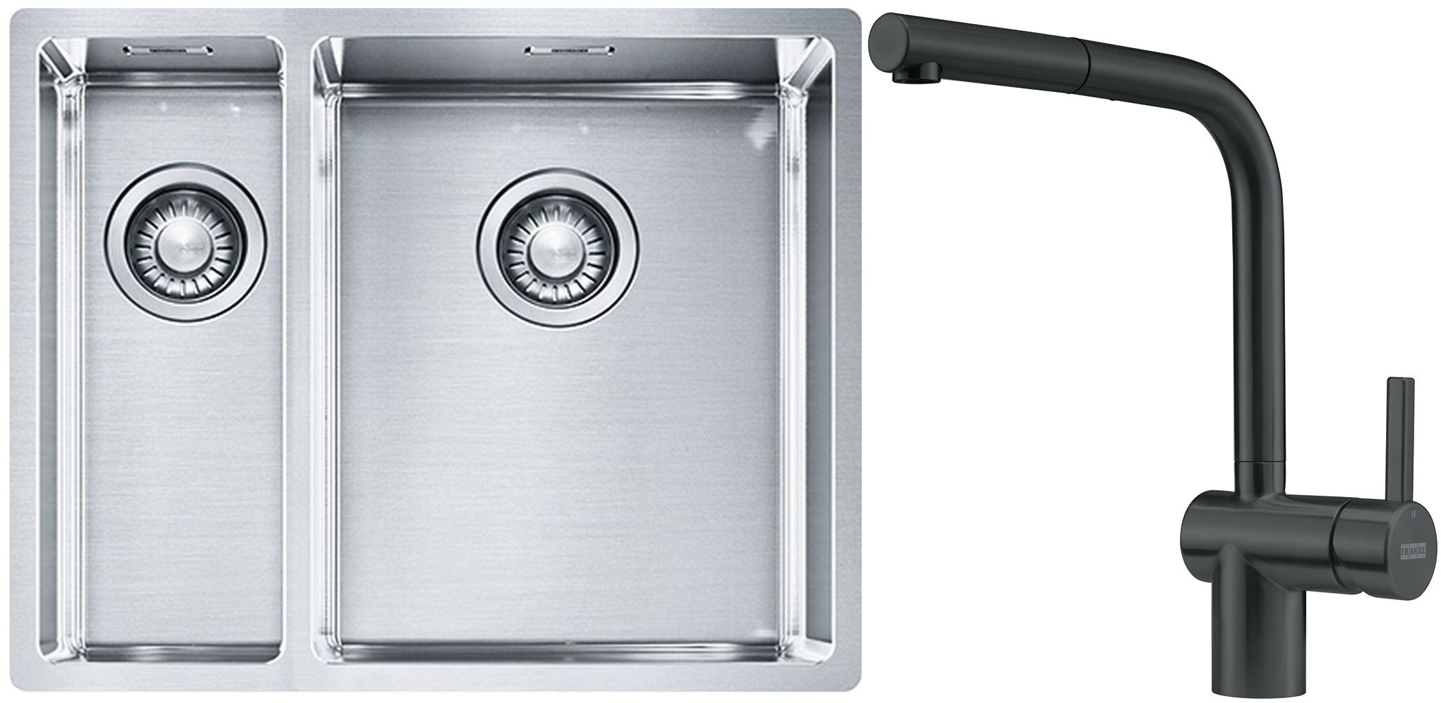 Set lavello in acciaio Franke Box 127.0369.916, rubinetto da cucina Franke Atlas 115.0550.427
