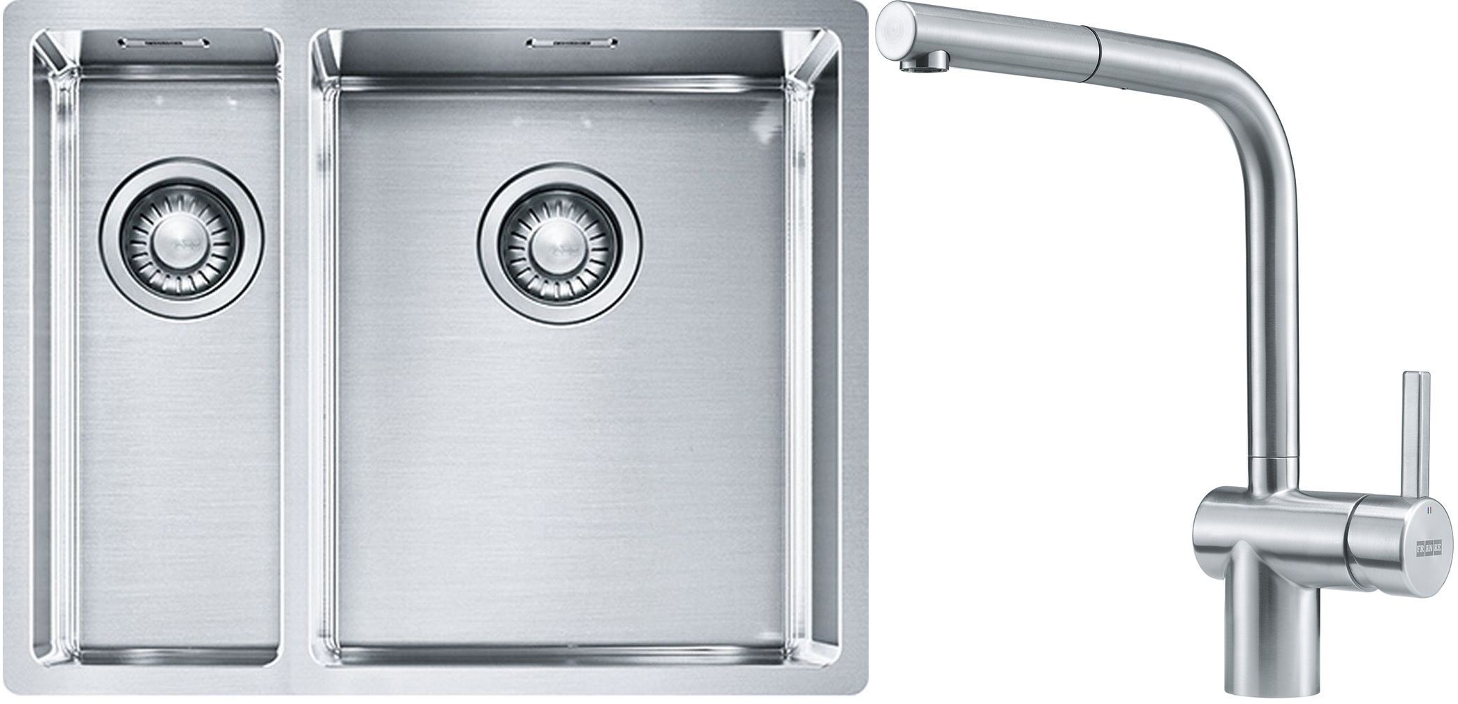 Set lavello in acciaio Franke Box 127.0369.916, rubinetto da cucina Franke Atlas 115.0521.439