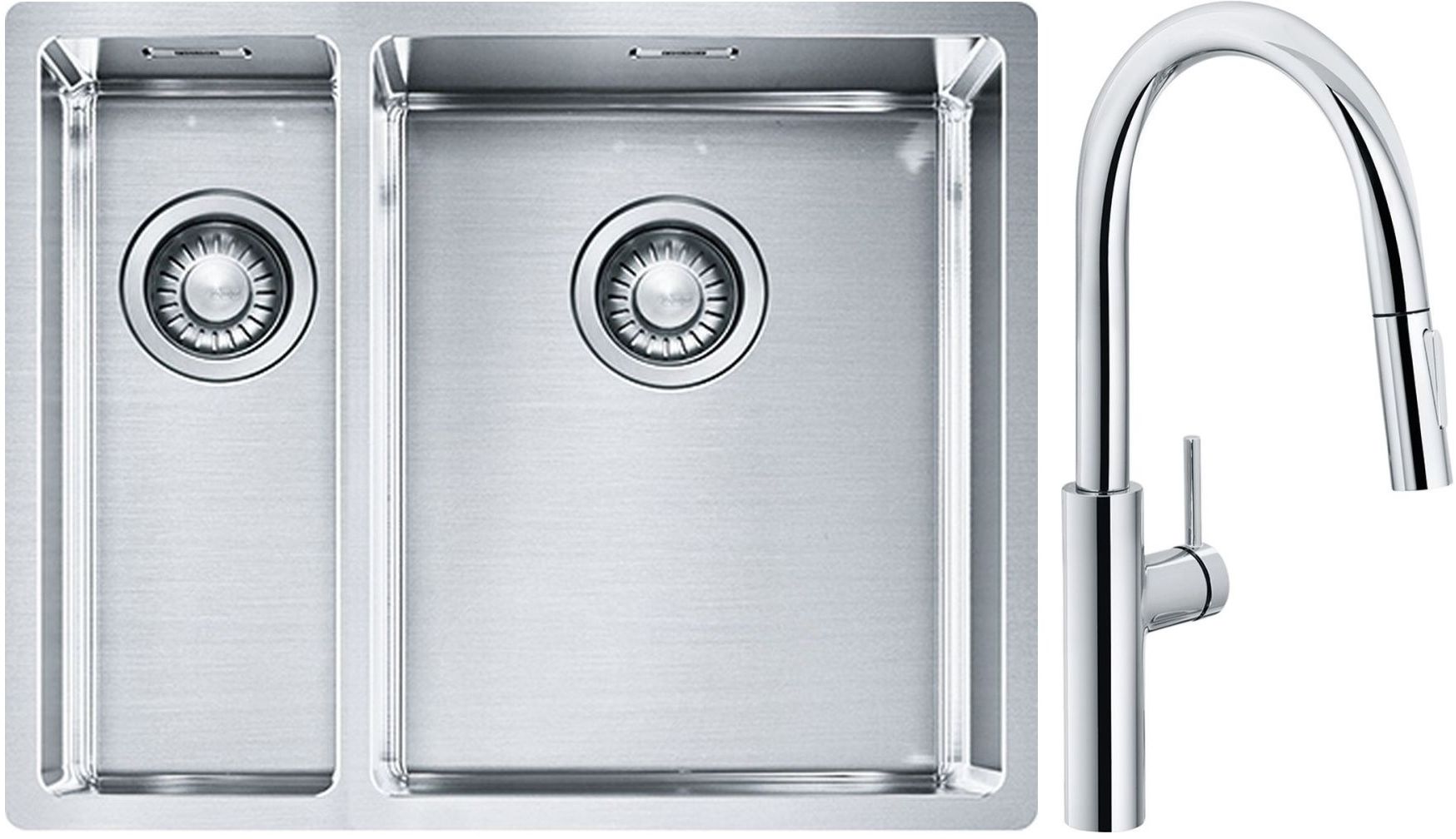 Set lavello in acciaio Franke Box 127.0369.916, rubinetto da cucina Franke Pescara L Slide-In 115.0538.940