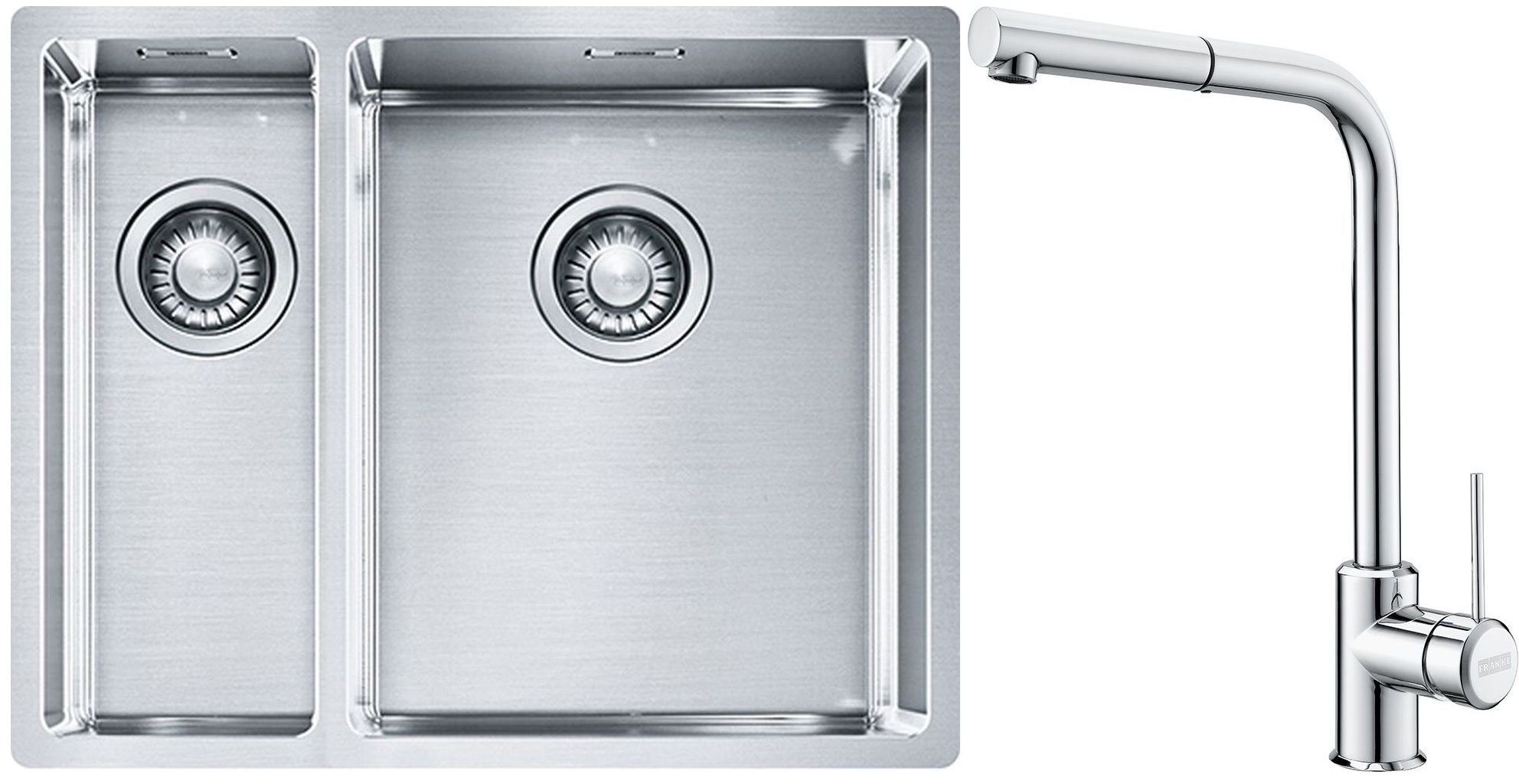Set lavello in acciaio Franke Box 127.0369.916, rubinetto da cucina Franke Sirius Side 115.0668.280